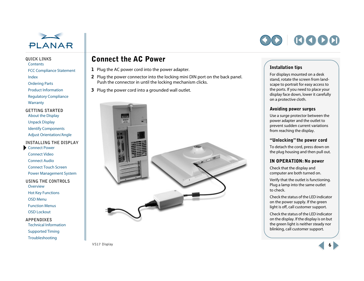 2 installing the display, Connect the ac power, Connect power | Planar VS17SXAD User Manual | Page 15 / 40