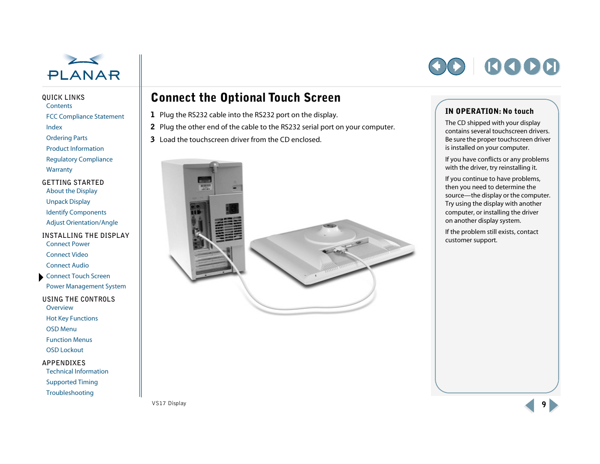 Connect the optional touch screen, Connect touch screen | Planar VS17SXAD User Manual | Page 18 / 40