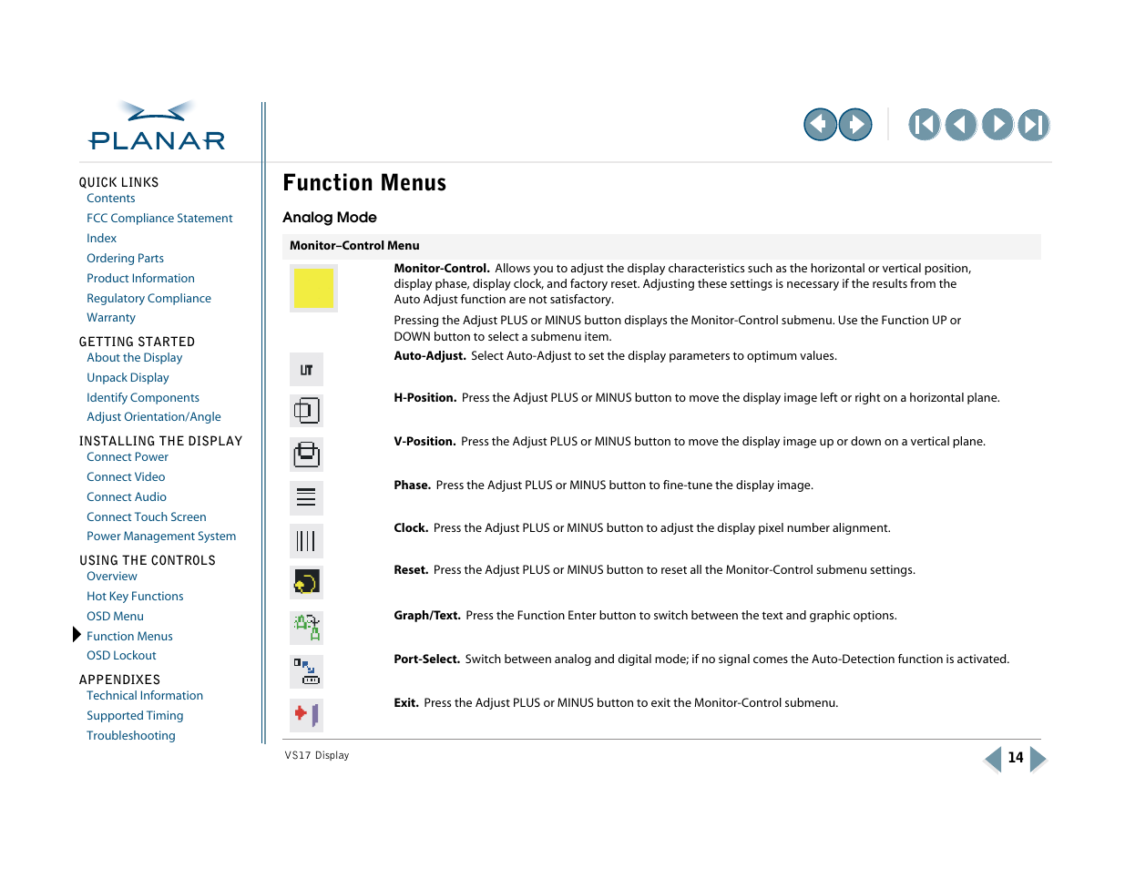 Function menus | Planar VS17SXAD User Manual | Page 23 / 40