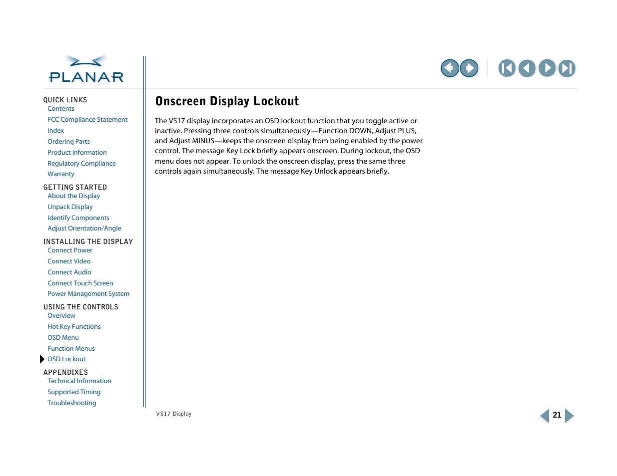 Osd lockout, Onscreen display lockout | Planar VS17SXAD User Manual | Page 30 / 40