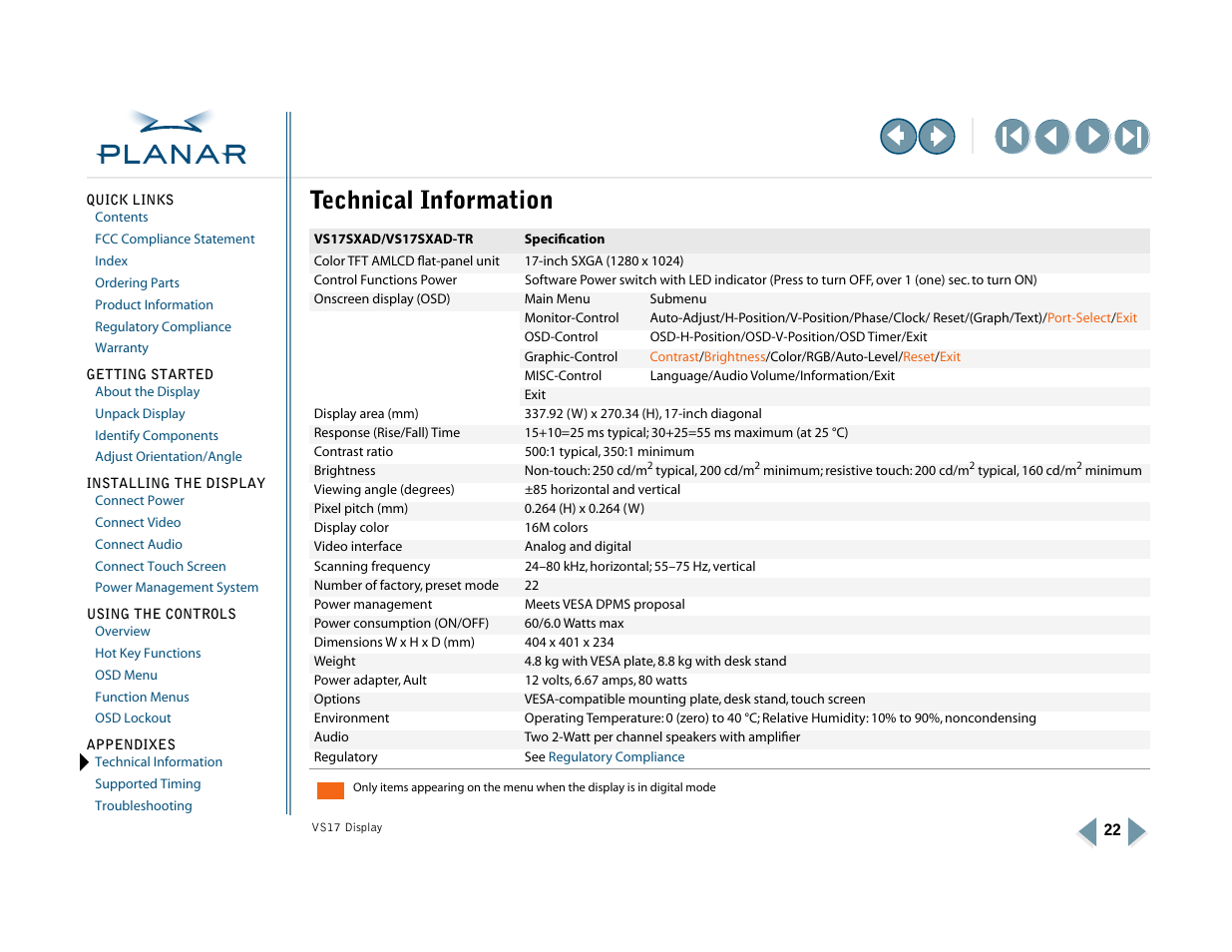 Appendix a: technical information, Technical information, For more information, see the | Display specification | Planar VS17SXAD User Manual | Page 31 / 40
