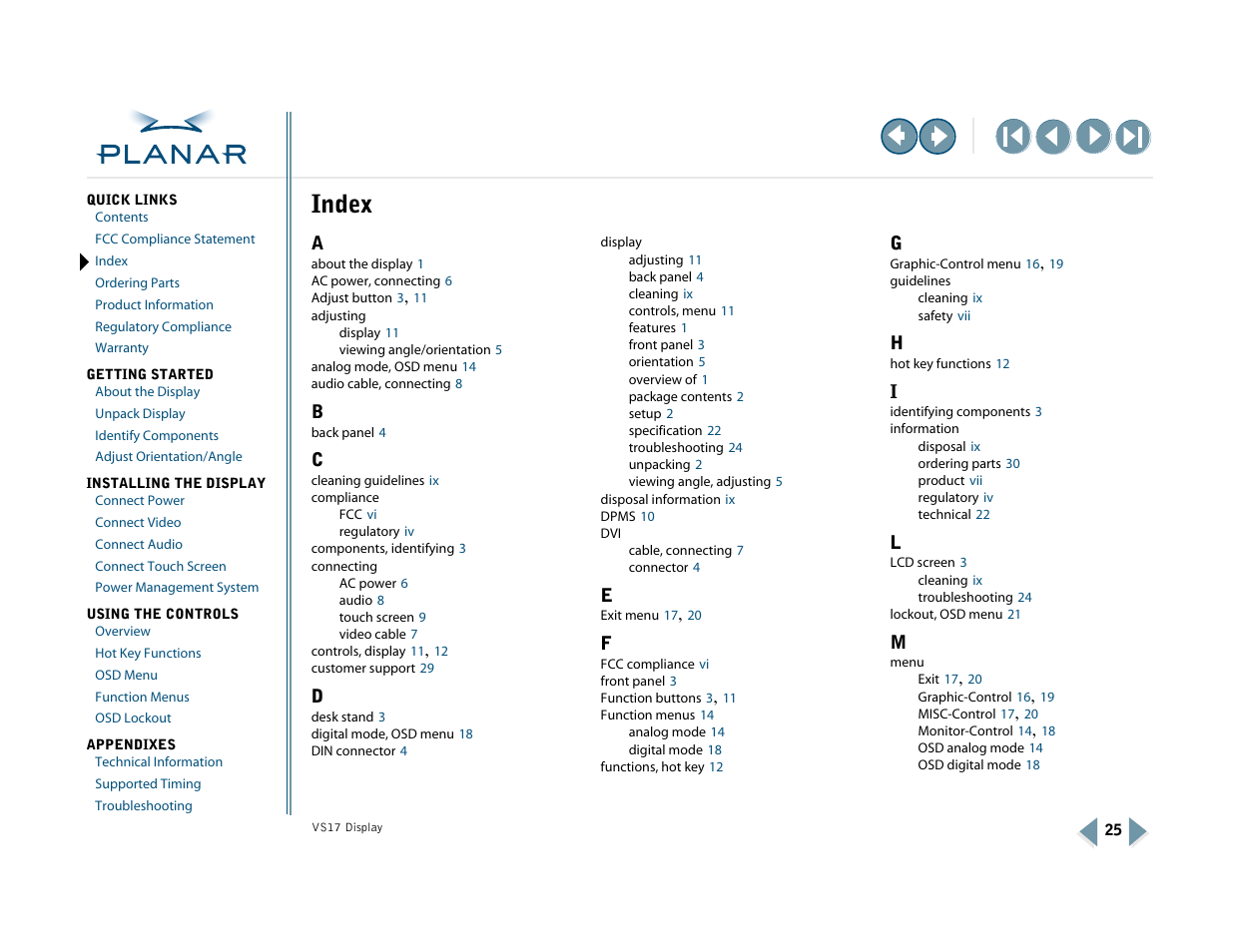 Index | Planar VS17SXAD User Manual | Page 34 / 40