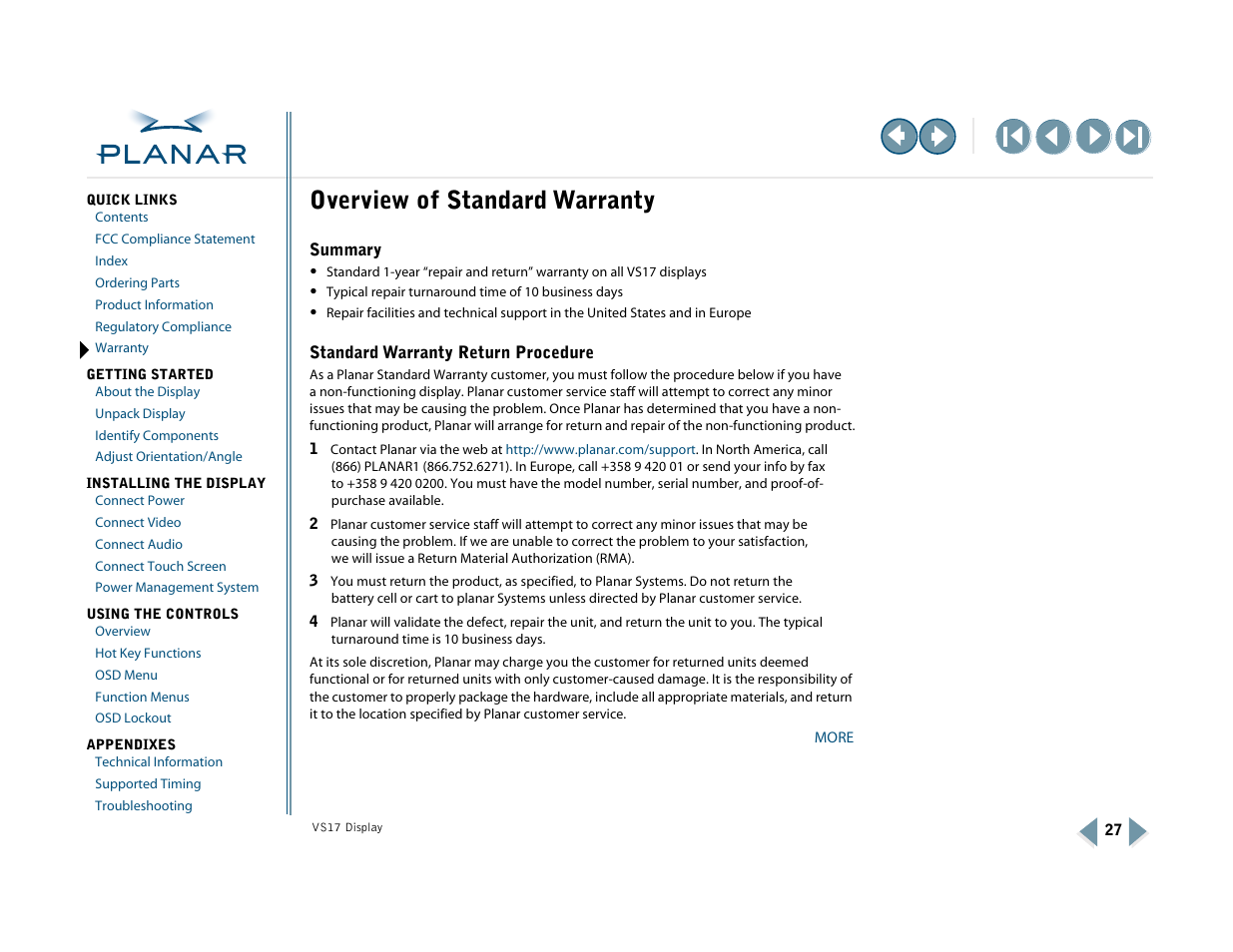 Standard warranty, Overview of standard warranty | Planar VS17SXAD User Manual | Page 36 / 40