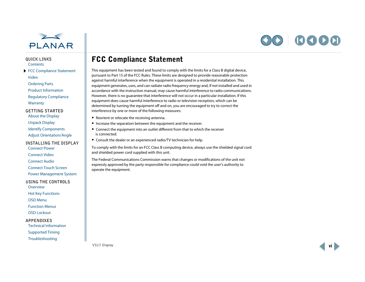 Fcc compliance statement | Planar VS17SXAD User Manual | Page 6 / 40