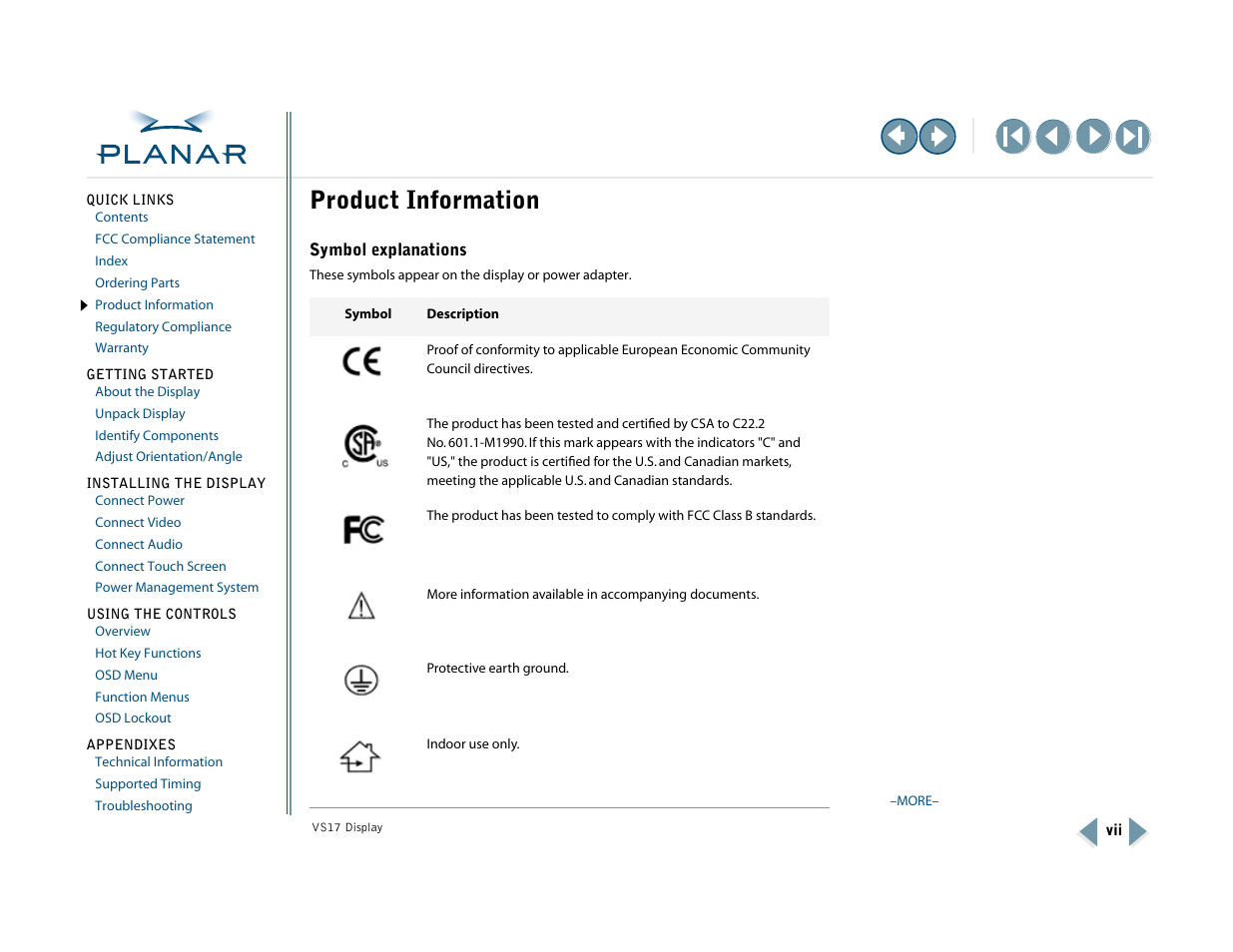 Product information, Symbol explanations | Planar VS17SXAD User Manual | Page 7 / 40