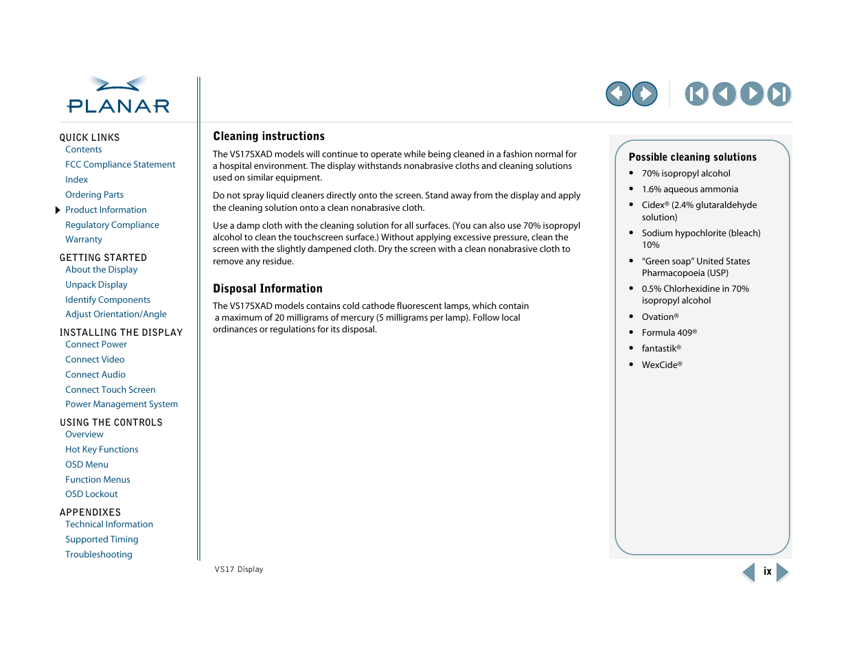 Cleaning instructions, Disposal information | Planar VS17SXAD User Manual | Page 9 / 40