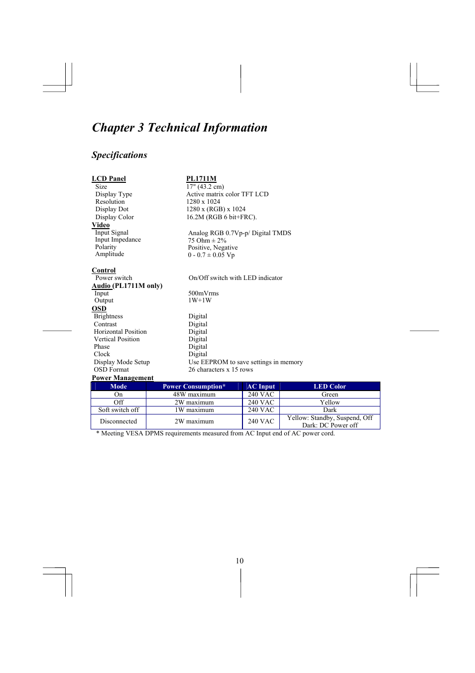 Chapter 3 technical information, Specifications | Planar PL1711M User Manual | Page 12 / 16