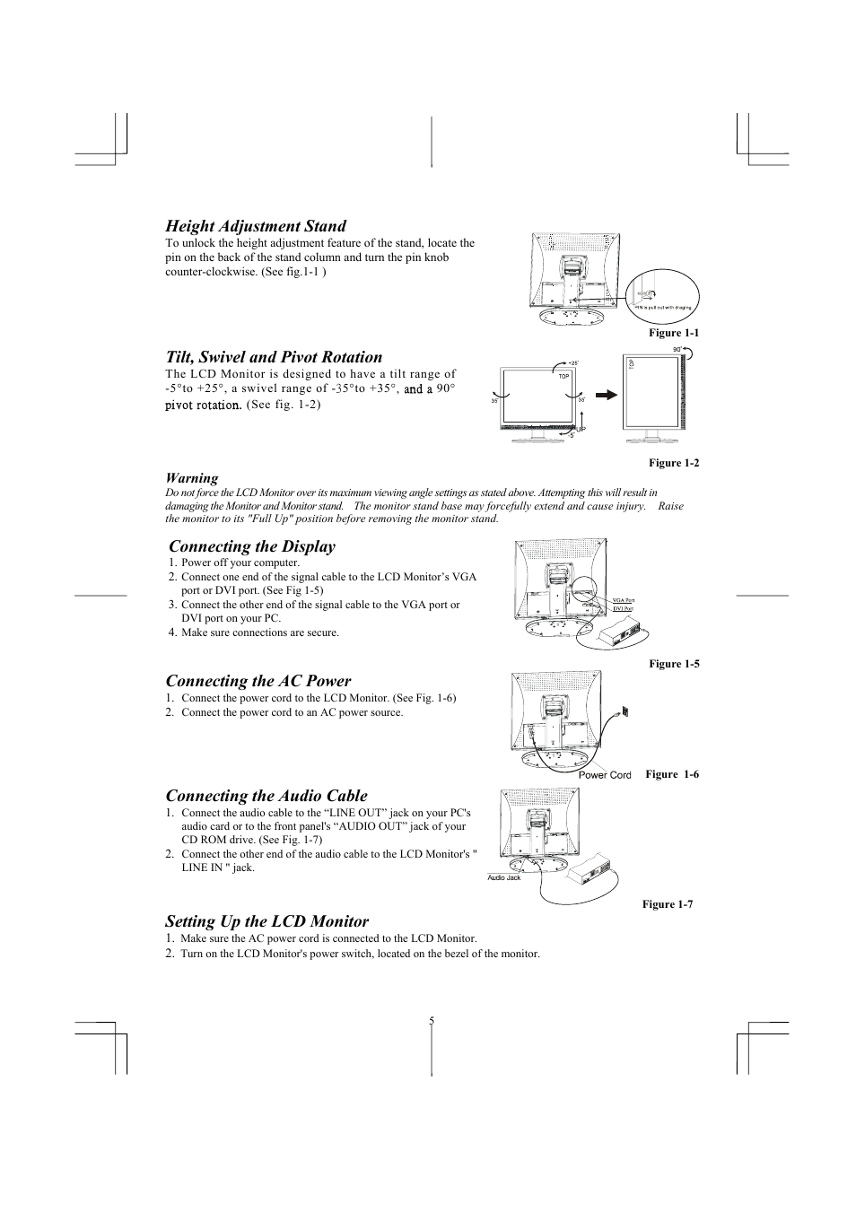 Height adjustment stand, Tilt, swivel and pivot rotation, Connecting the display | Connecting the ac power, Connecting the audio cable, Setting up the lcd monitor | Planar PL1711M User Manual | Page 7 / 16