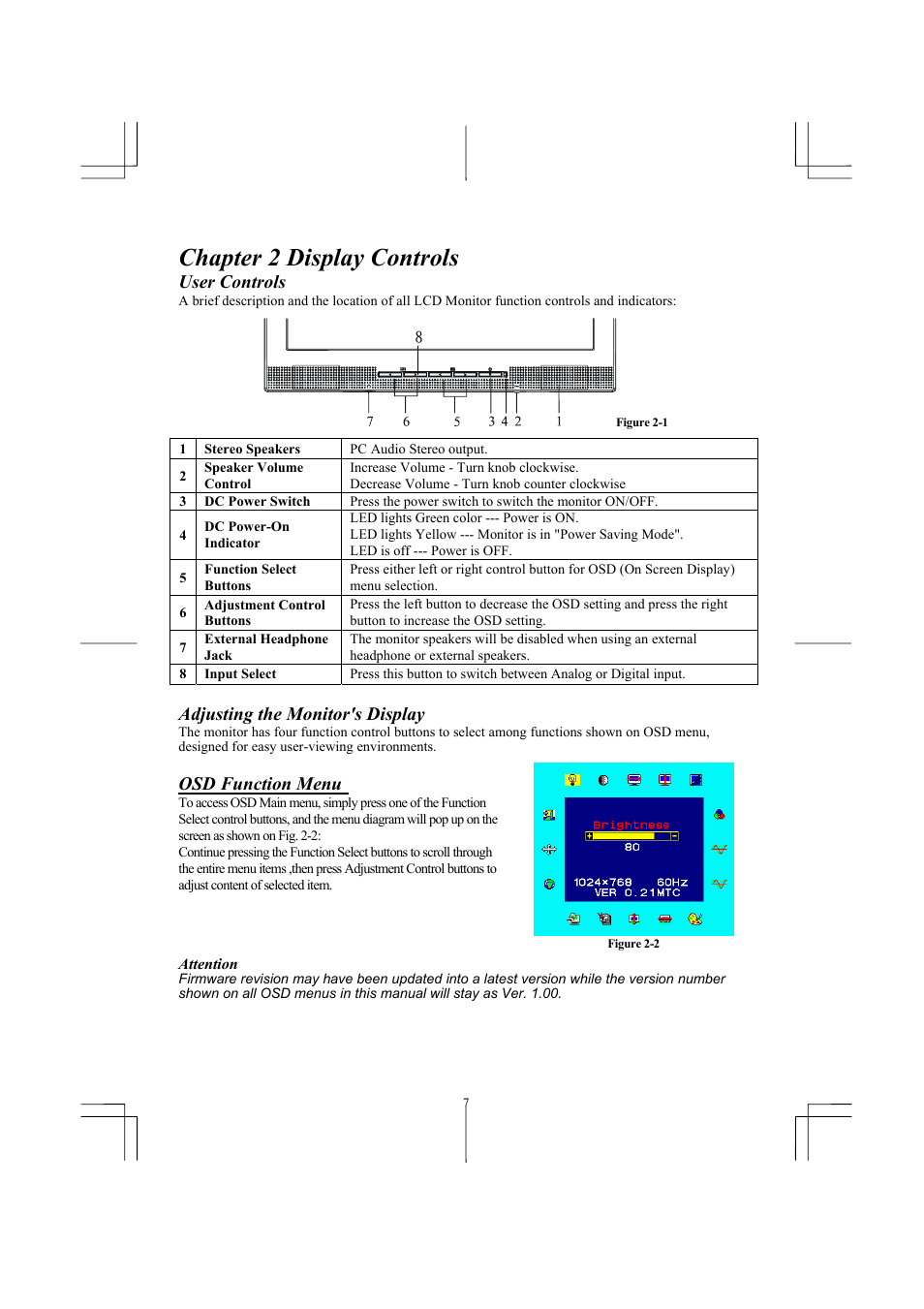 Chapter 2 display controls, User controls, Adjusting the monitor's display | Osd function menu | Planar PL1711M User Manual | Page 9 / 16