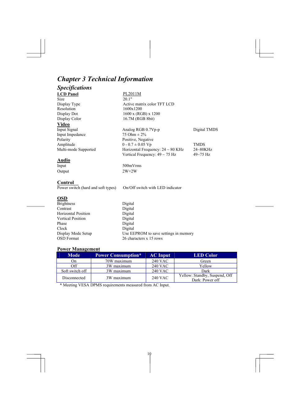 Chapter 3 technical information, Specifications | Planar PL2011M User Manual | Page 12 / 16