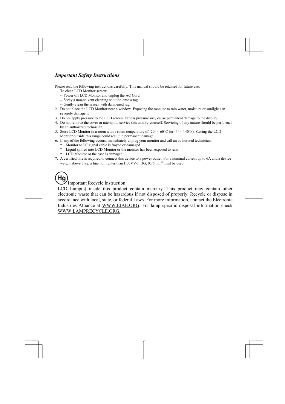 Important safety instructions | Planar PL2011M User Manual | Page 5 / 16