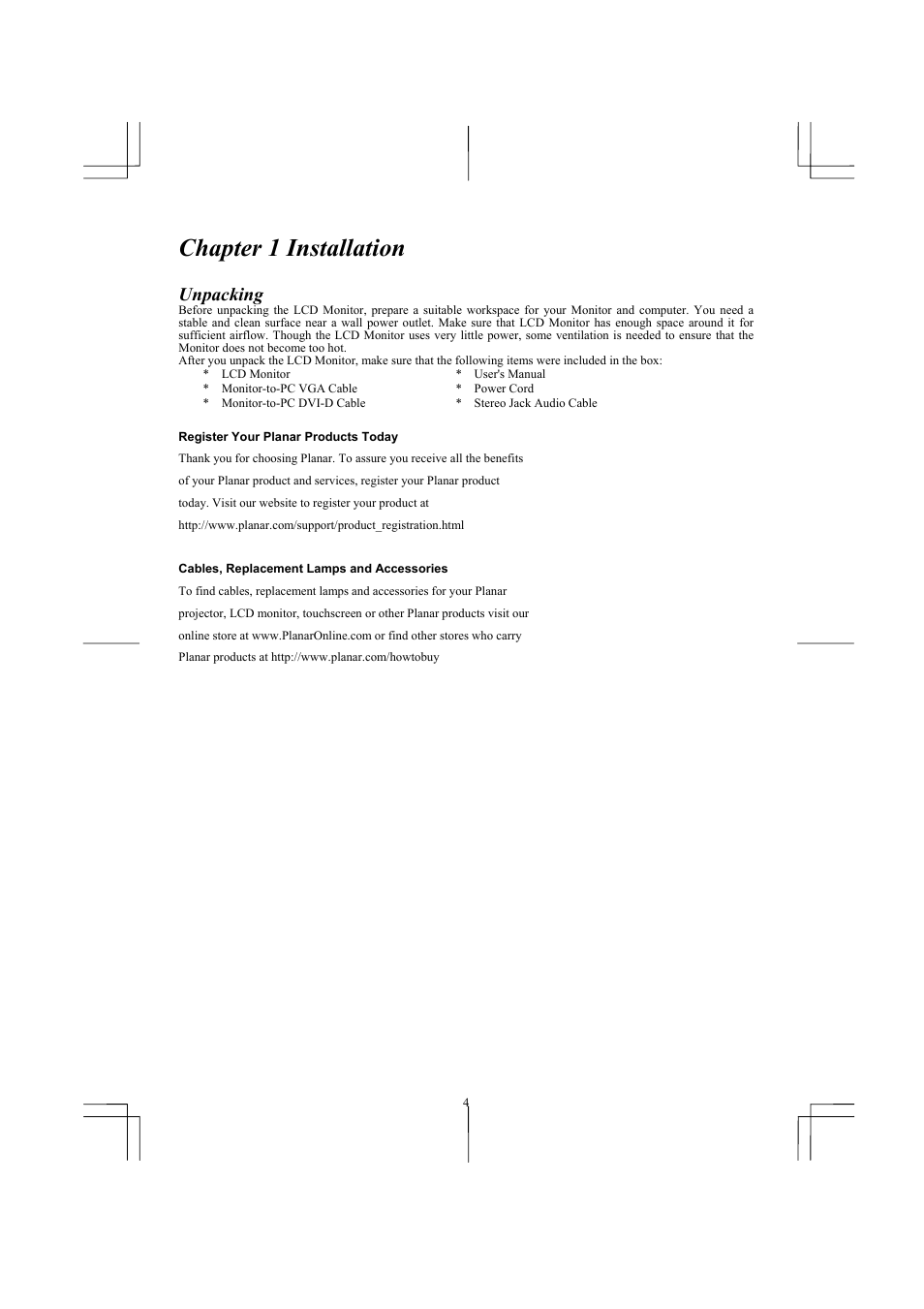 Chapter 1 installation, Unpacking | Planar PL2011M User Manual | Page 6 / 16