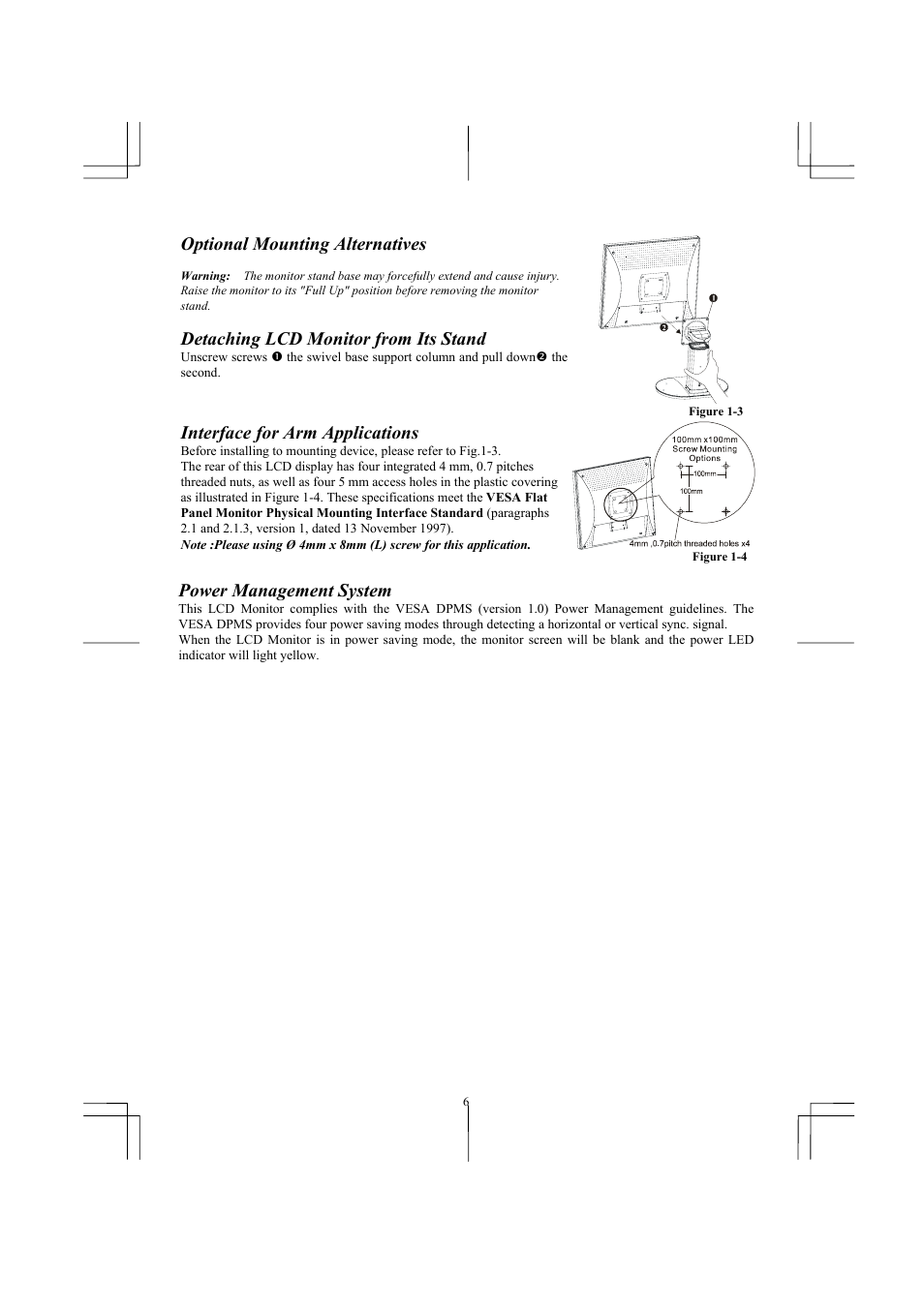 Optional mounting alternatives, Detaching lcd monitor from its stand, Interface for arm applications | Power management system | Planar PL2011M User Manual | Page 8 / 16