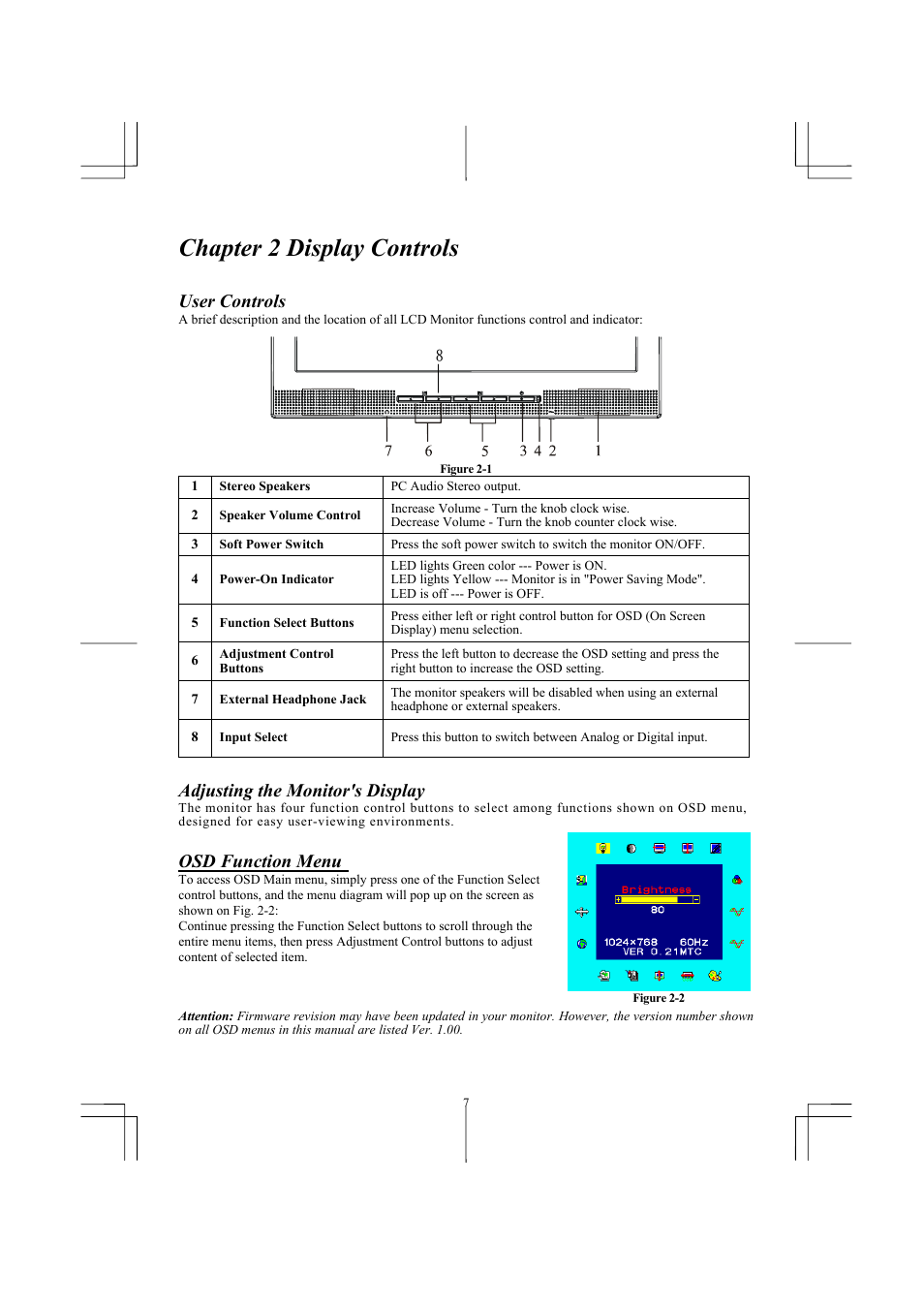 Chapter 2 display controls, User controls, Adjusting the monitor's display | Osd function menu | Planar PL2011M User Manual | Page 9 / 16