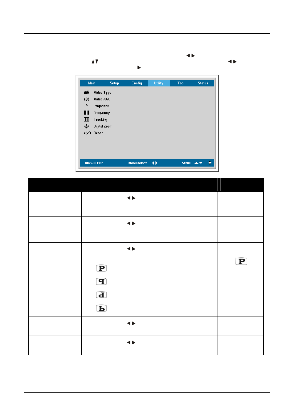 Utility menu, Tility | Planar PR Line PR5022 User Manual | Page 38 / 55
