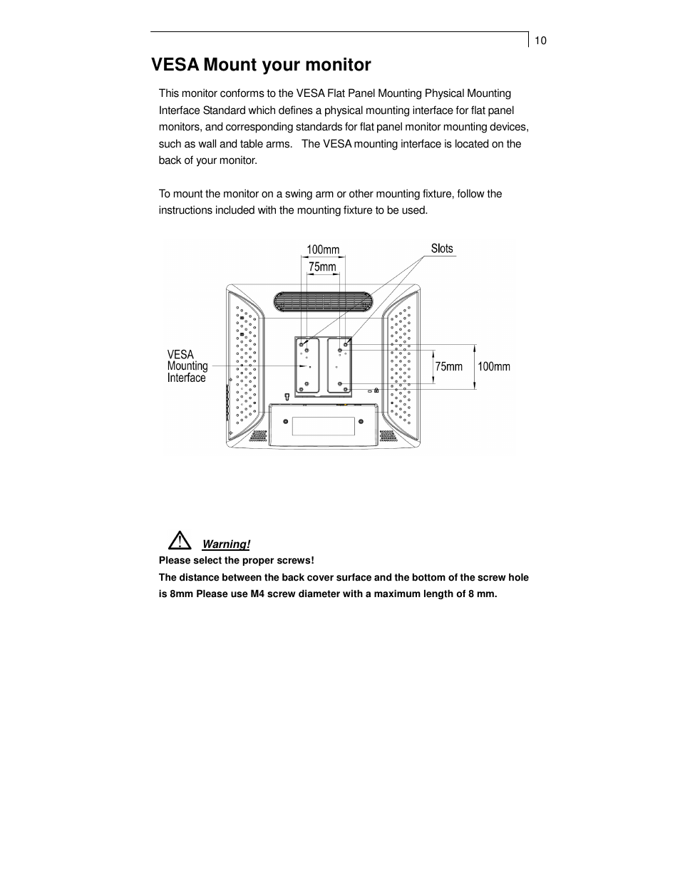 Vesa mount your monitor | Planar PT1701MX User Manual | Page 12 / 30