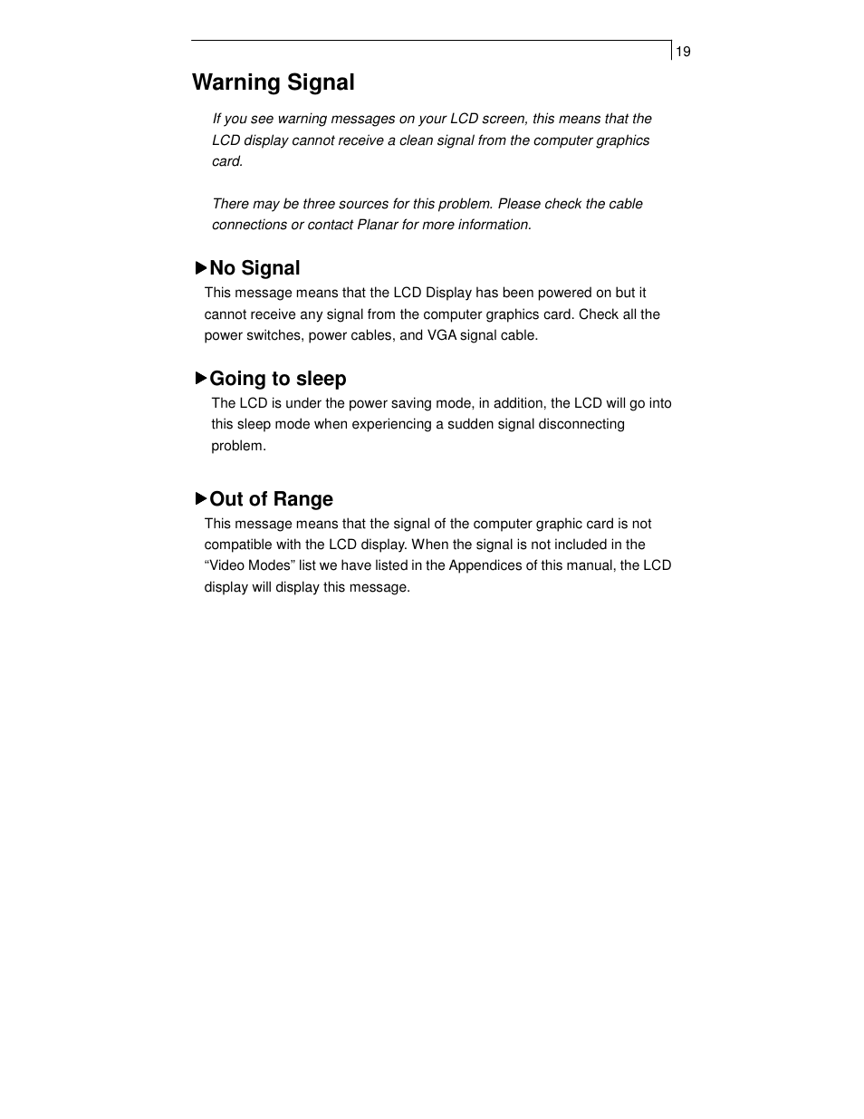 Warning signal, No signal, Going to sleep | Out of range | Planar PT1701MX User Manual | Page 21 / 30
