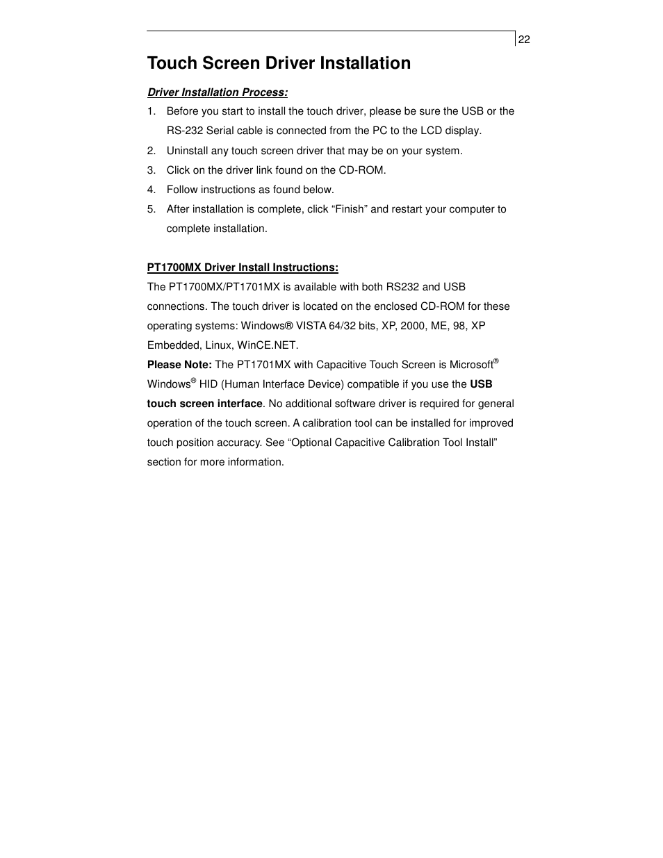 Touch screen driver installation | Planar PT1701MX User Manual | Page 24 / 30