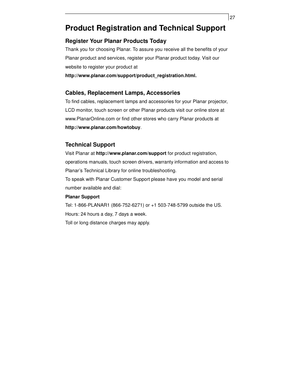 Product registration and technical support | Planar PT1701MX User Manual | Page 29 / 30