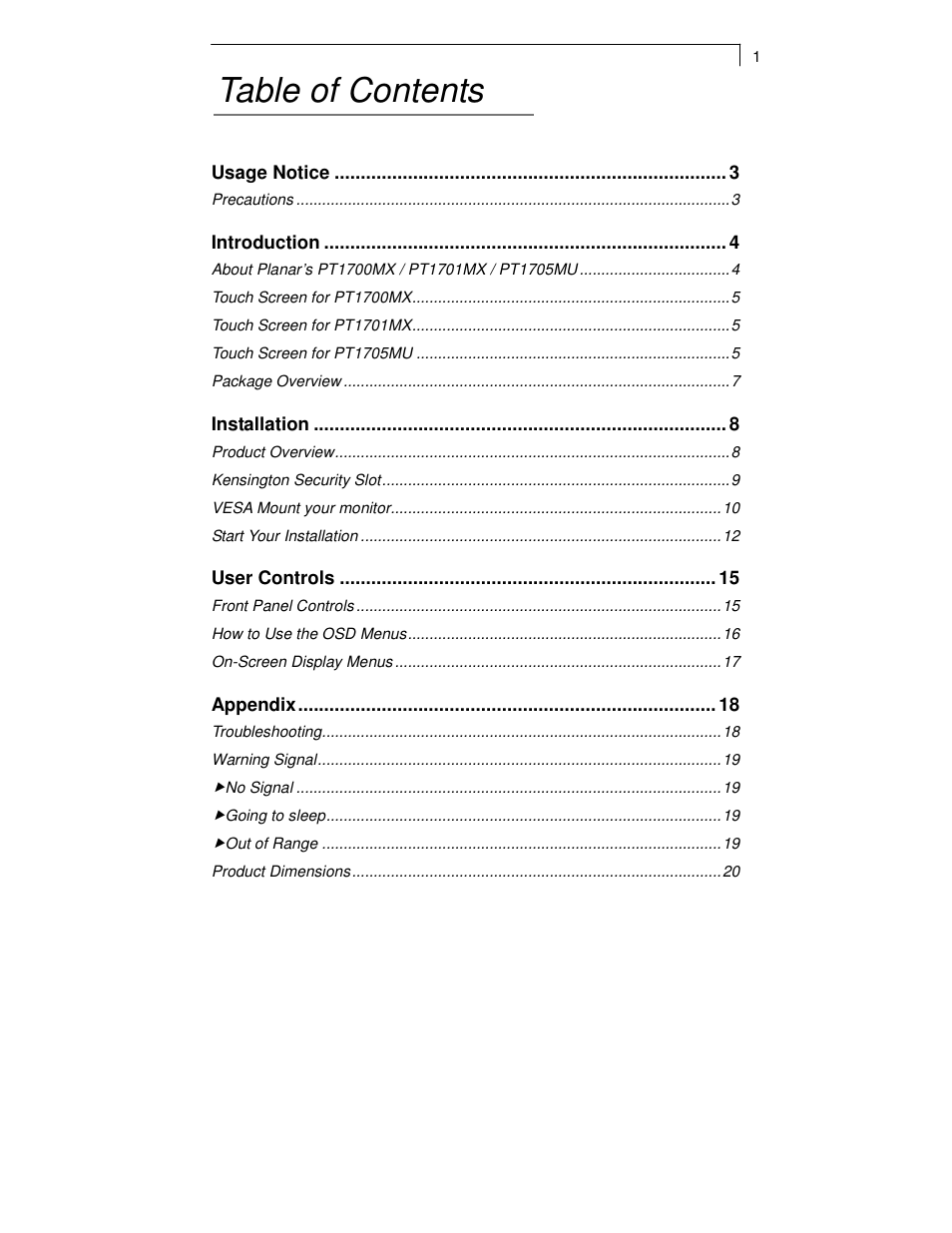 Planar PT1701MX User Manual | Page 3 / 30