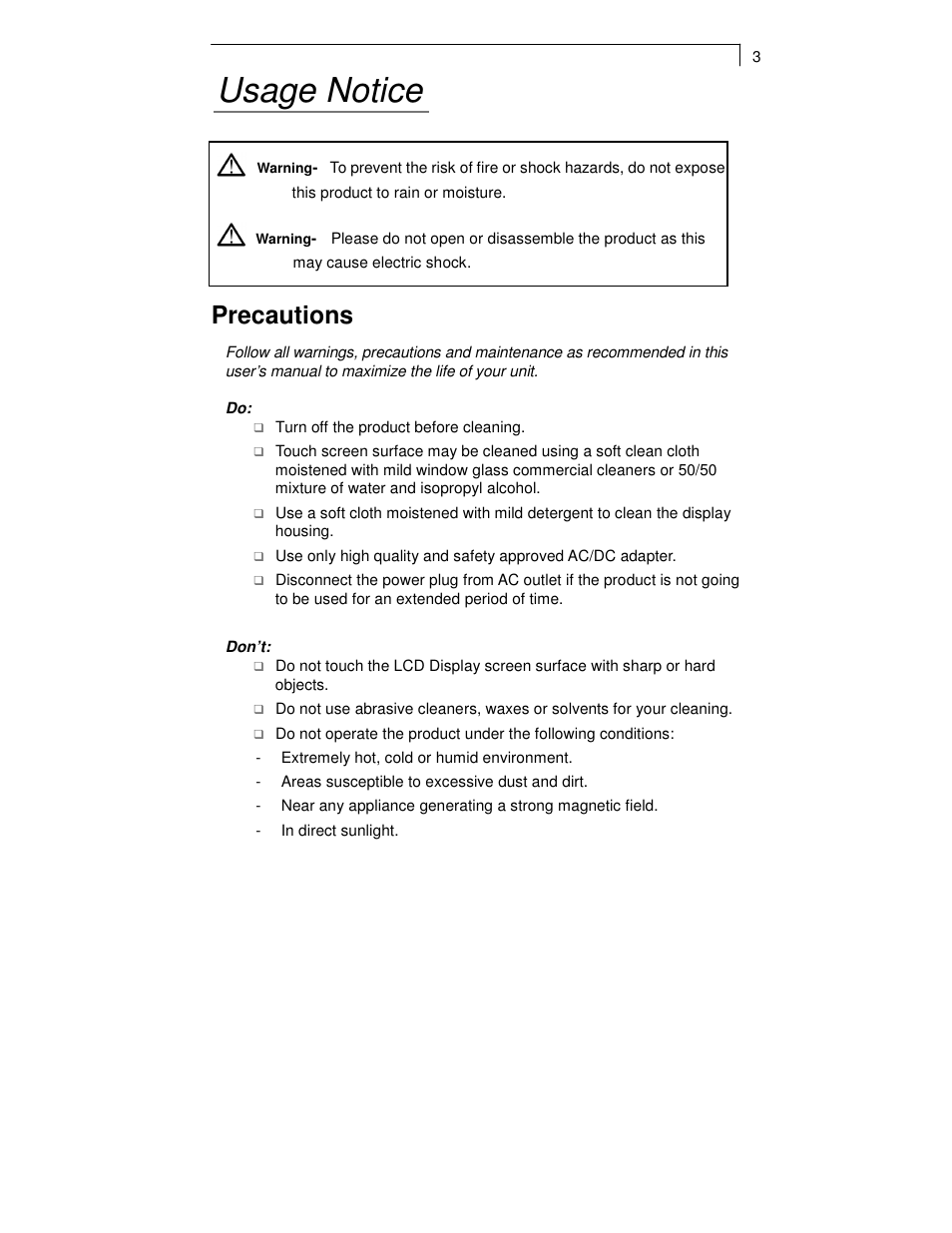 Usage notice, Precautions | Planar PT1701MX User Manual | Page 5 / 30
