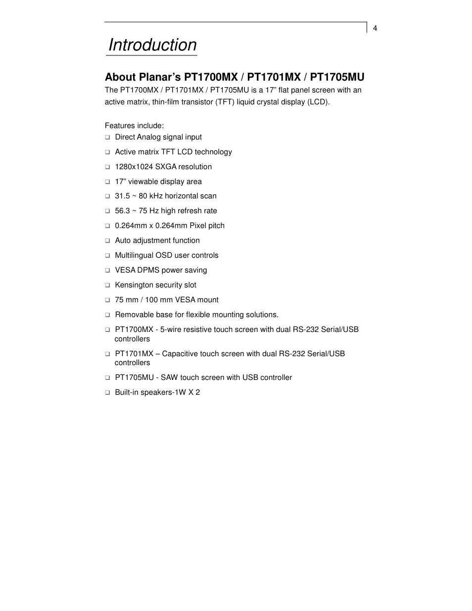 Introduction | Planar PT1701MX User Manual | Page 6 / 30