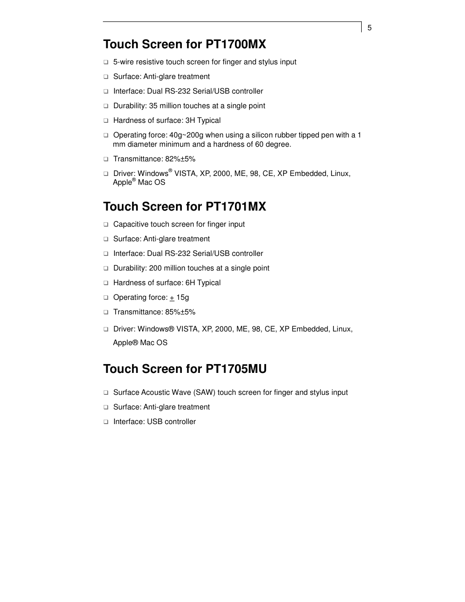 Touch screen for pt1700mx, Touch screen for pt1701mx, Touch screen for pt1705mu | Planar PT1701MX User Manual | Page 7 / 30