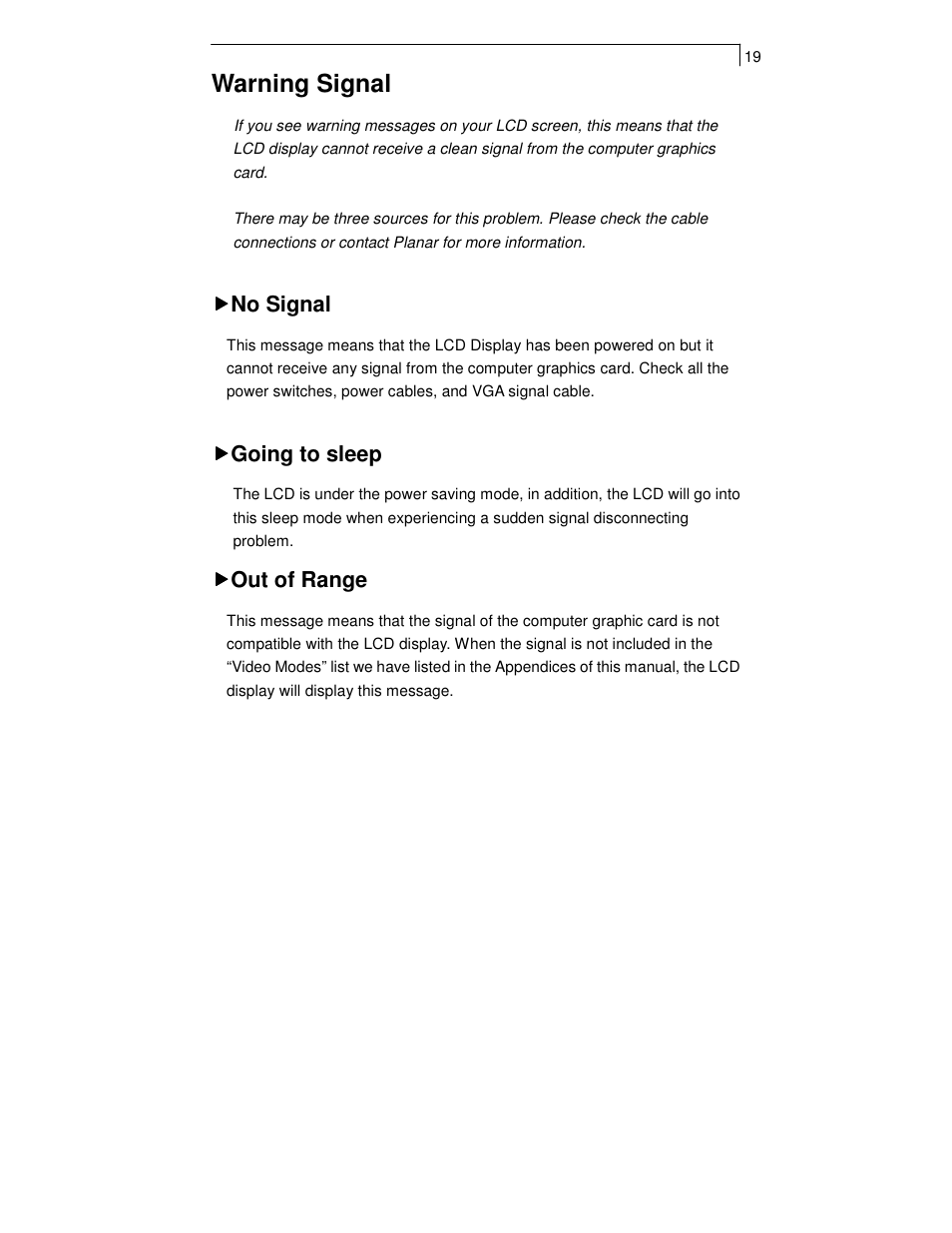 Warning signal, No signal, Going to sleep | Out of range | Planar PT1550MX User Manual | Page 21 / 30