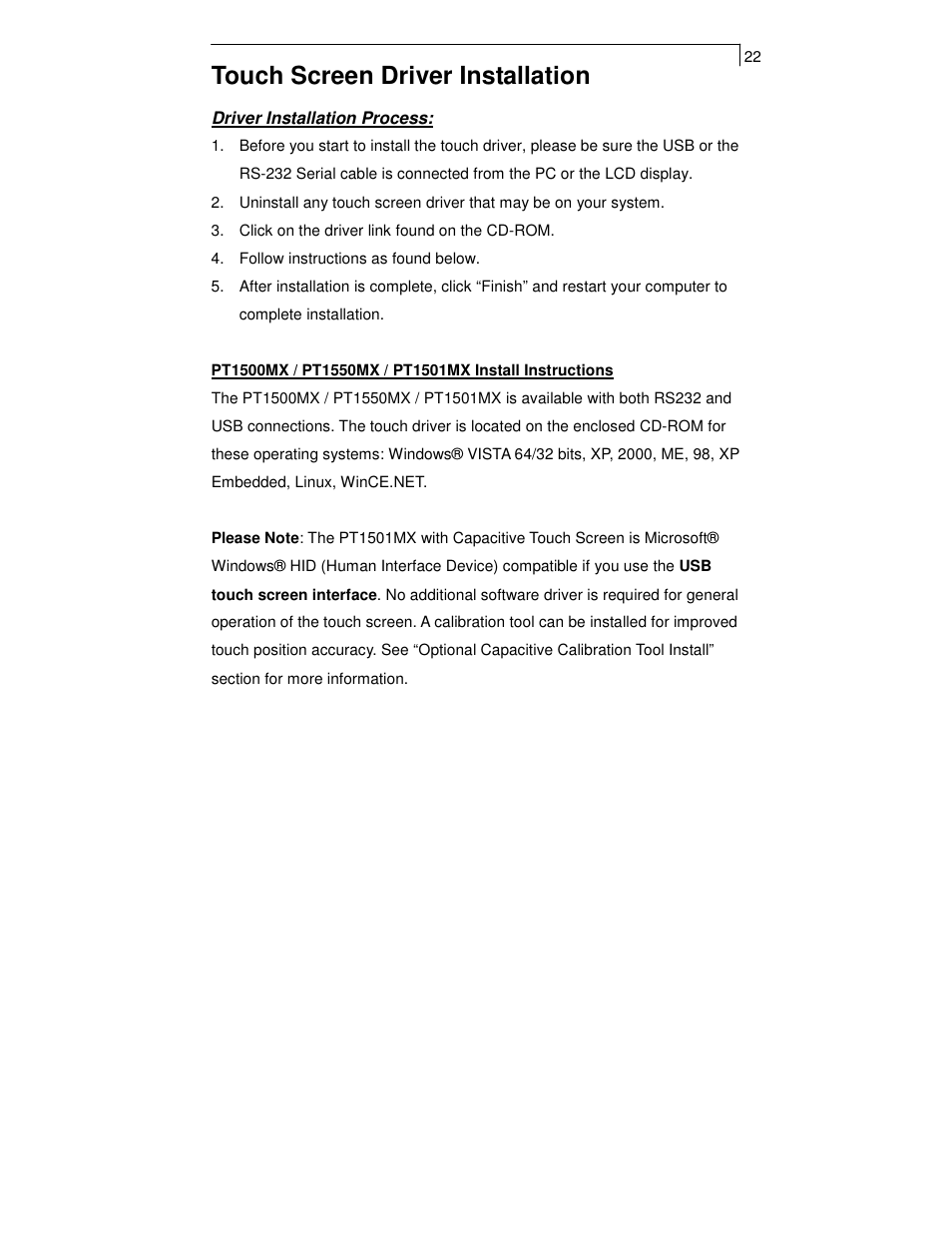 Touch screen driver installation | Planar PT1550MX User Manual | Page 24 / 30