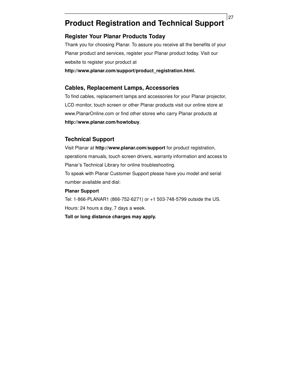 Product registration and technical support | Planar PT1550MX User Manual | Page 29 / 30