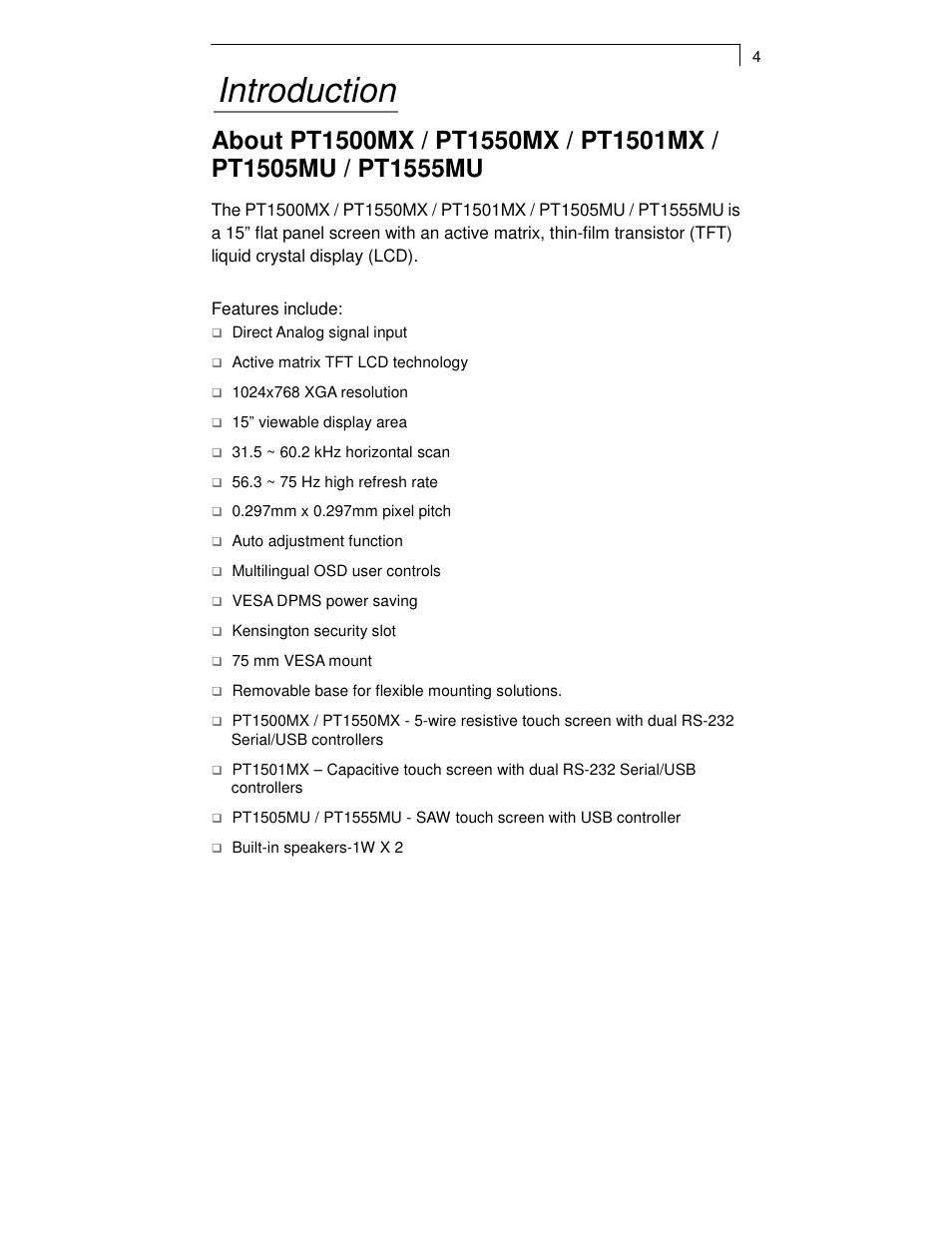 Introduction | Planar PT1550MX User Manual | Page 6 / 30