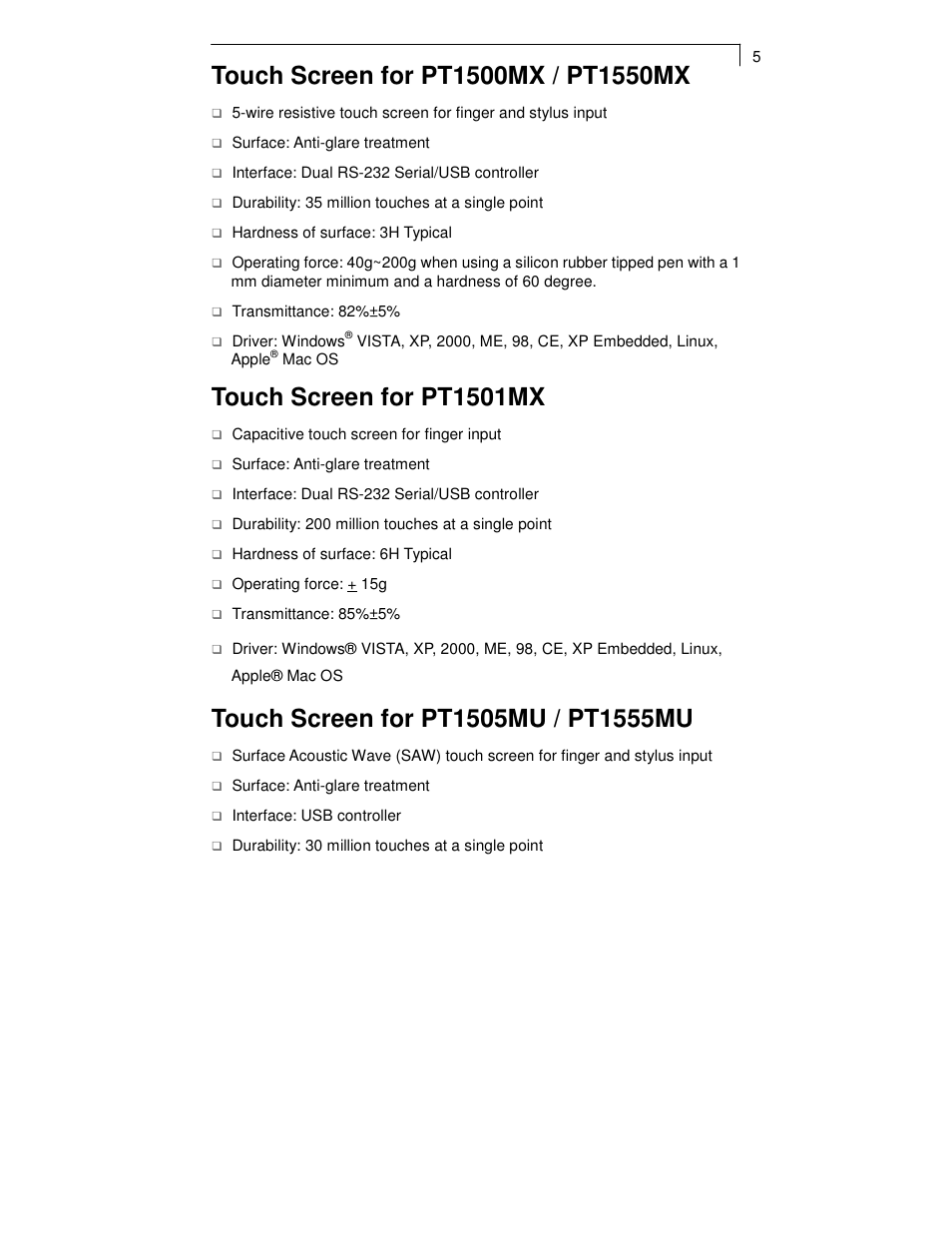 Touch screen for pt1501mx | Planar PT1550MX User Manual | Page 7 / 30