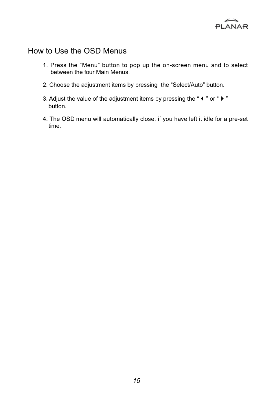 How to use the osd menus | Planar PT1501MU User Manual | Page 18 / 31