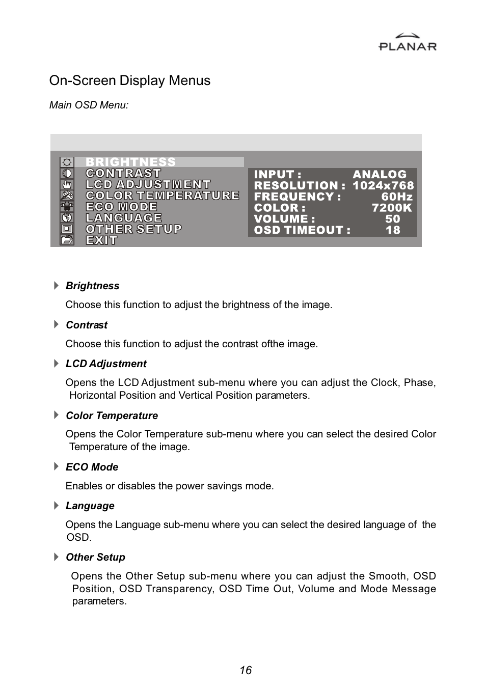 On-screen display menus | Planar PT1501MU User Manual | Page 19 / 31