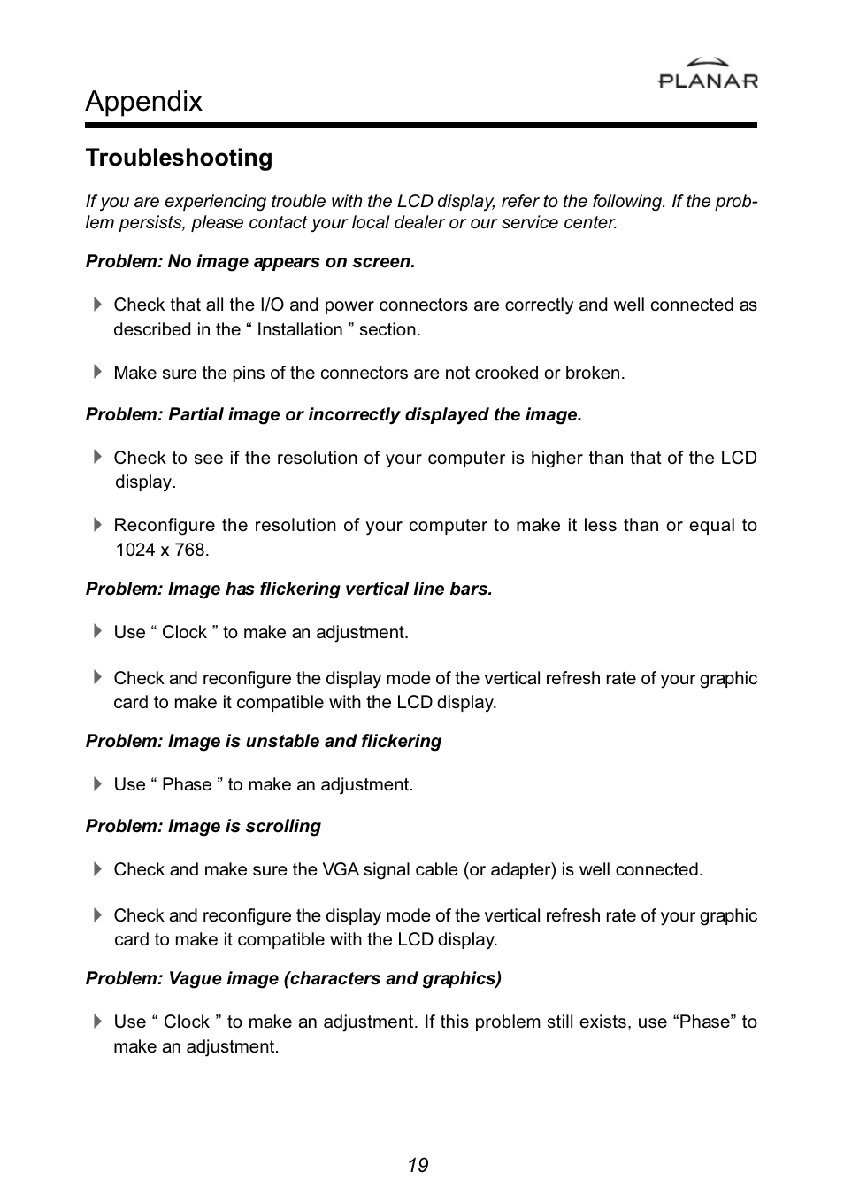Appendix, Troubleshooting | Planar PT1501MU User Manual | Page 22 / 31