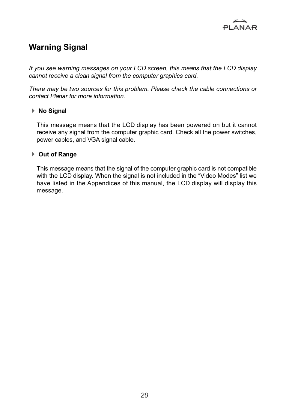 Warning signal | Planar PT1501MU User Manual | Page 23 / 31