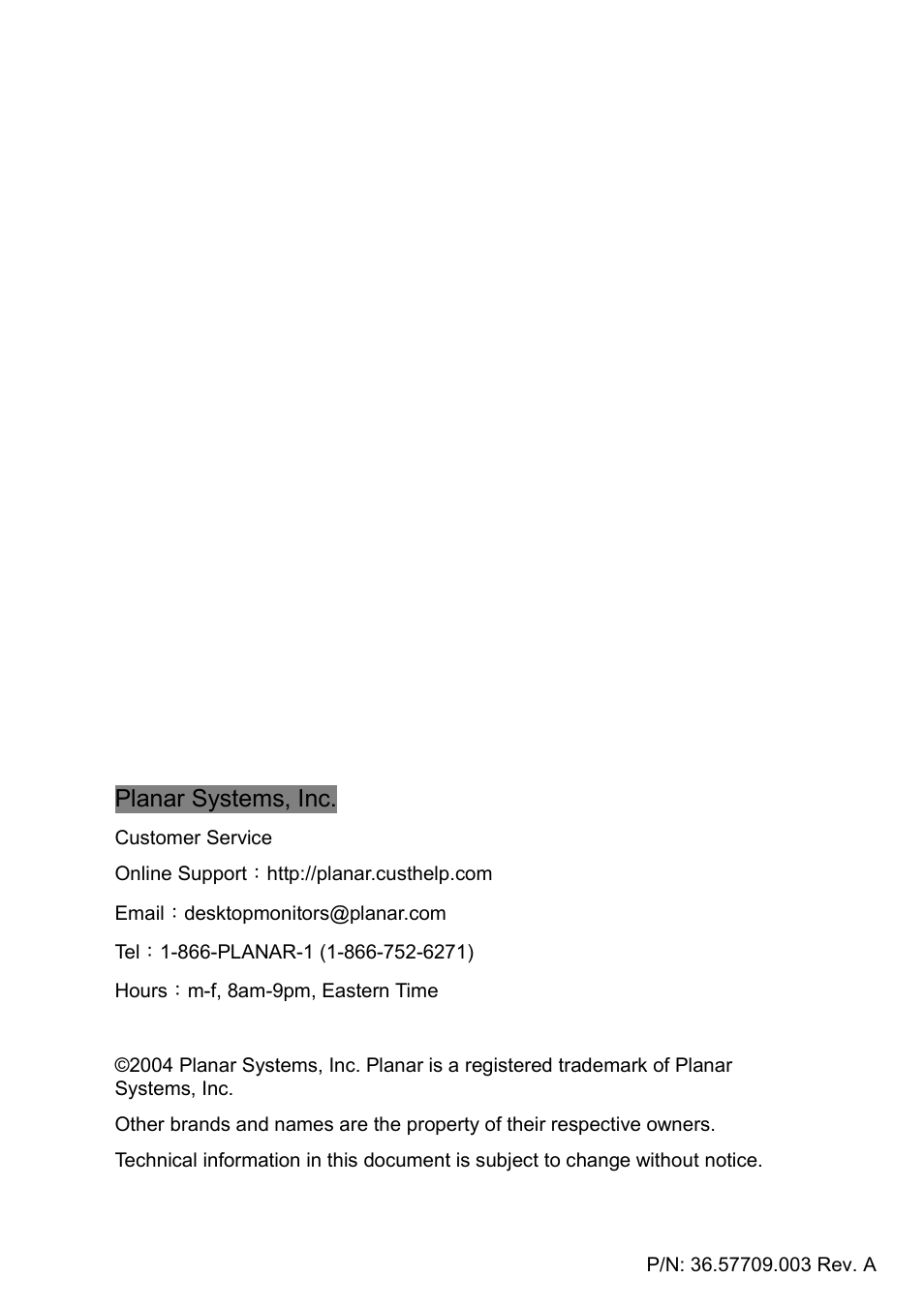 Planar systems, inc | Planar PT1501MU User Manual | Page 31 / 31