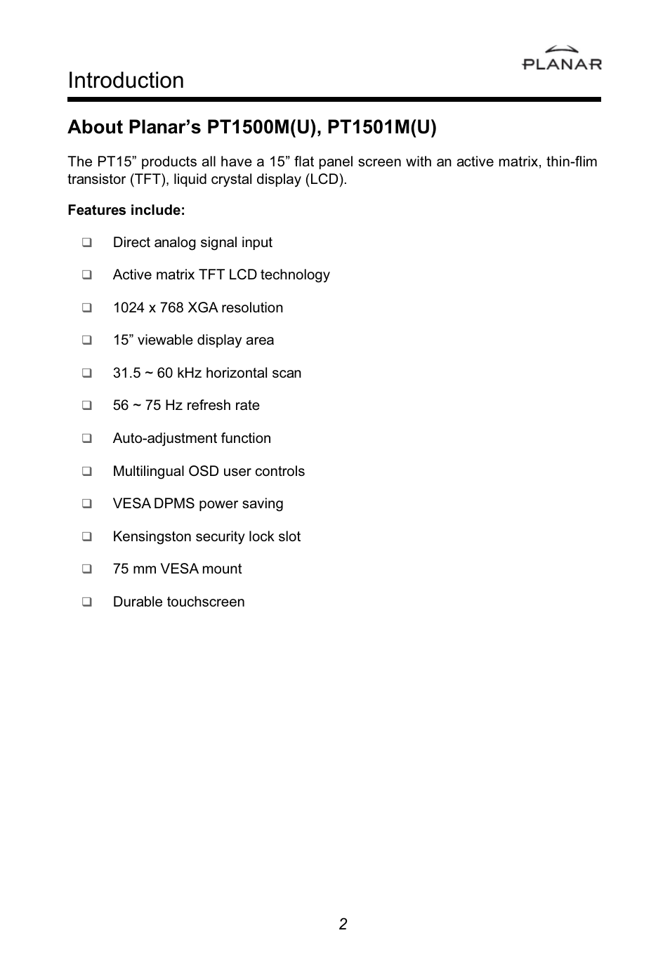 Introduction | Planar PT1501MU User Manual | Page 5 / 31