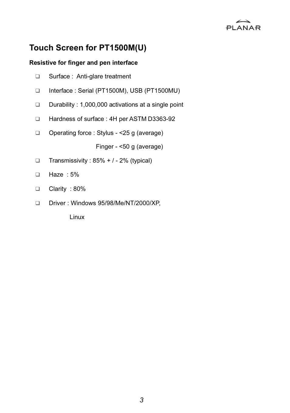 Touch screen for pt1500m(u) | Planar PT1501MU User Manual | Page 6 / 31