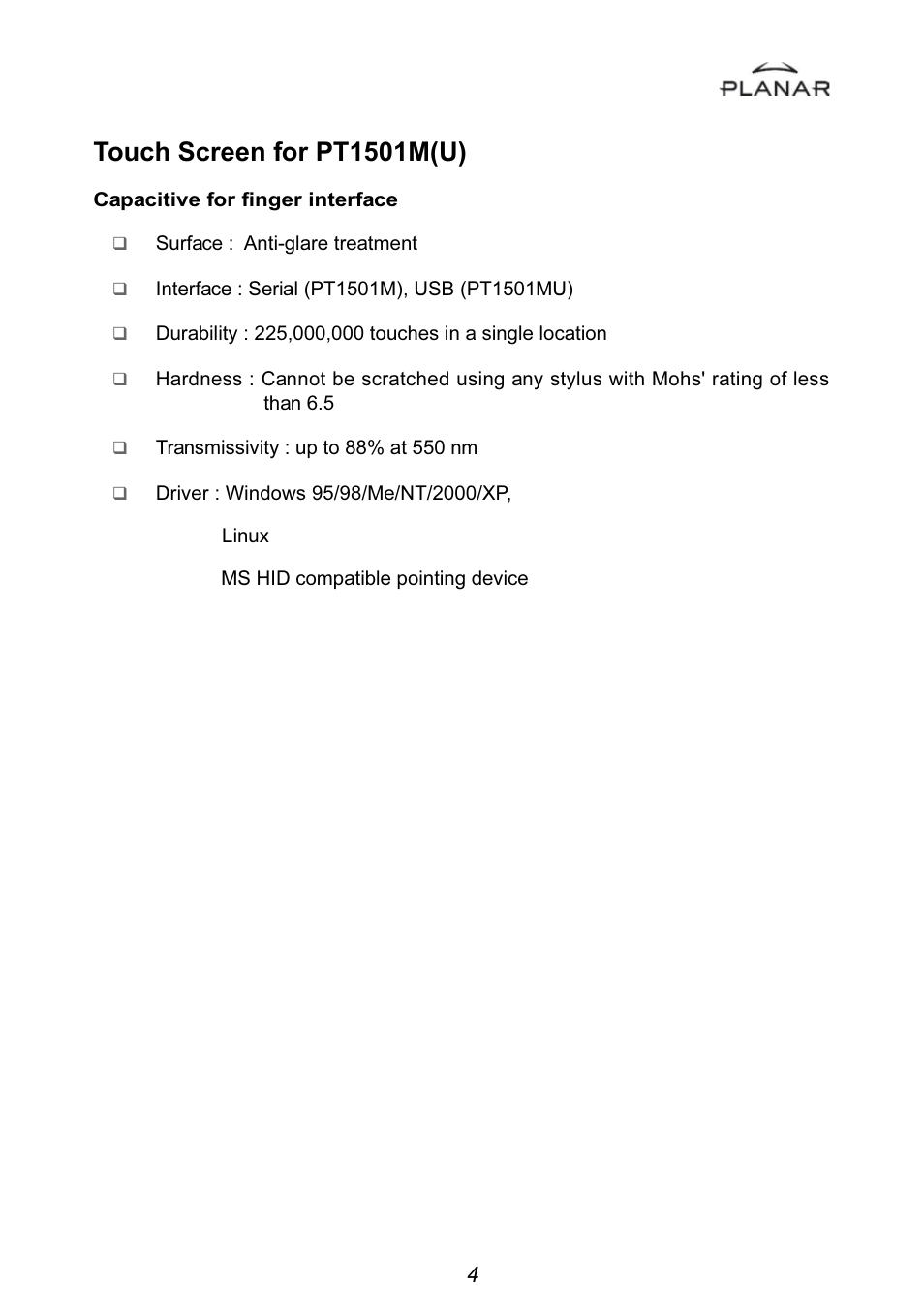 Touch screen for pt1501m(u) | Planar PT1501MU User Manual | Page 7 / 31