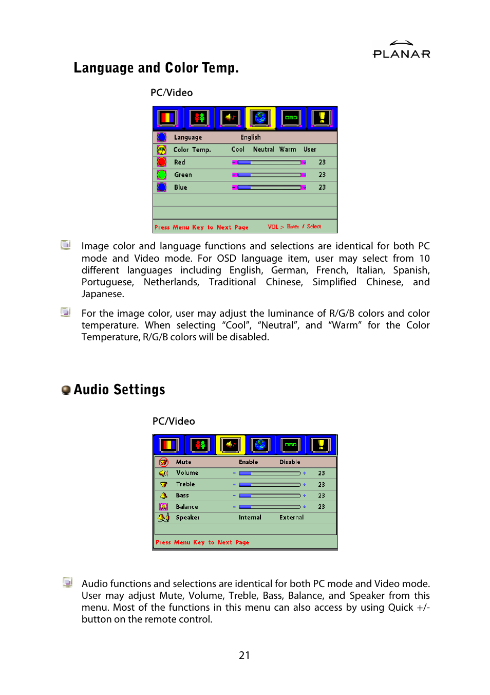 Language and color temp, Audio settings | Planar PD42ED User Manual | Page 25 / 48