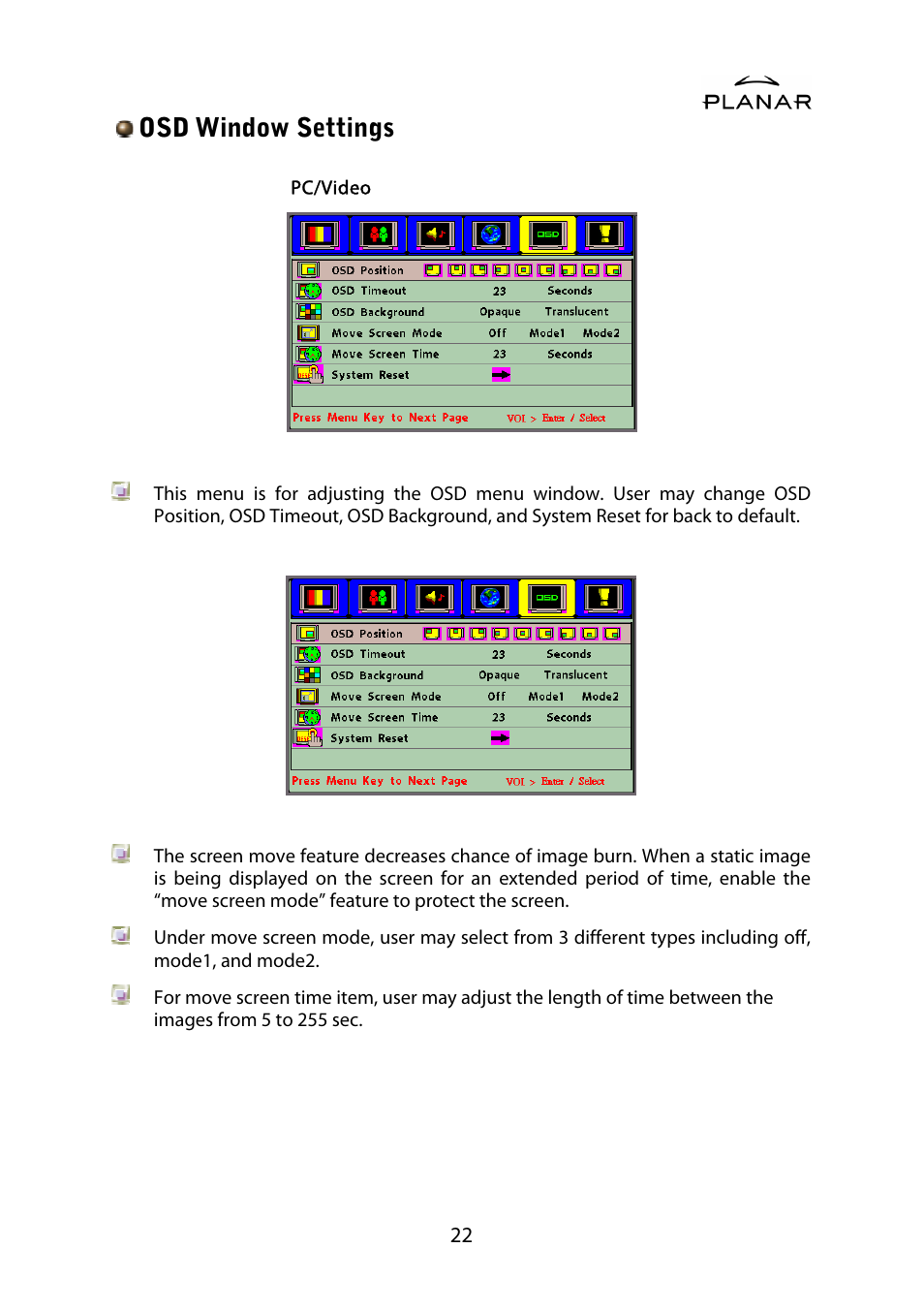 Osd window settings | Planar PD42ED User Manual | Page 26 / 48