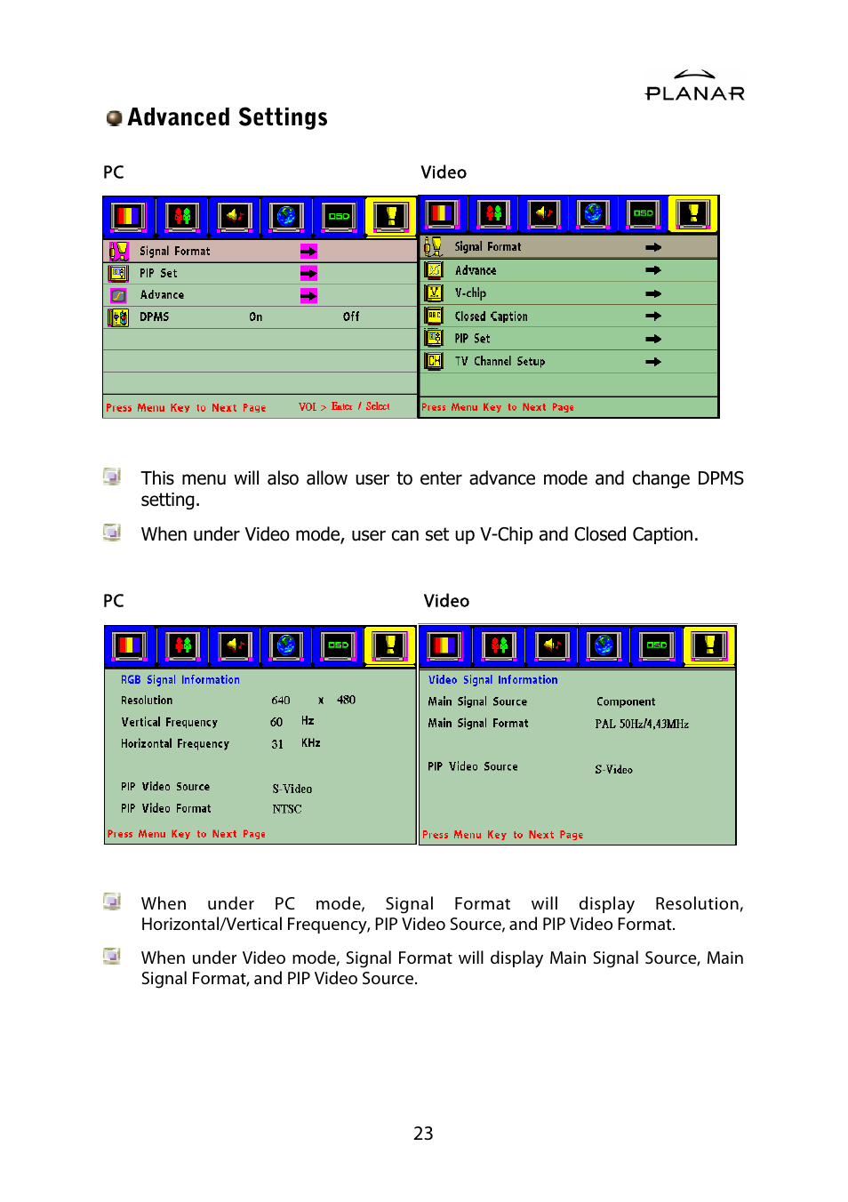 Advanced settings | Planar PD42ED User Manual | Page 27 / 48