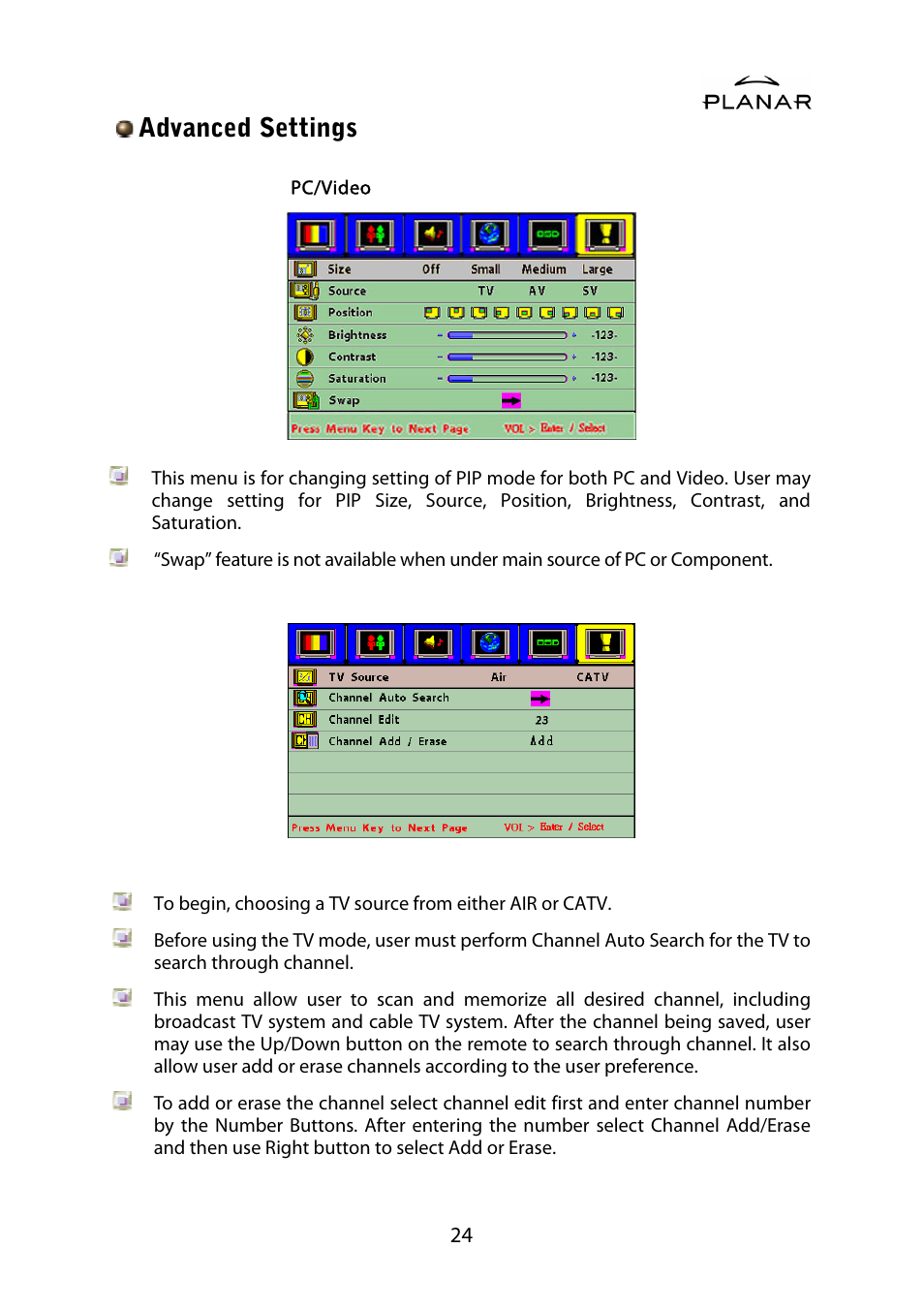 Advanced settings | Planar PD42ED User Manual | Page 28 / 48