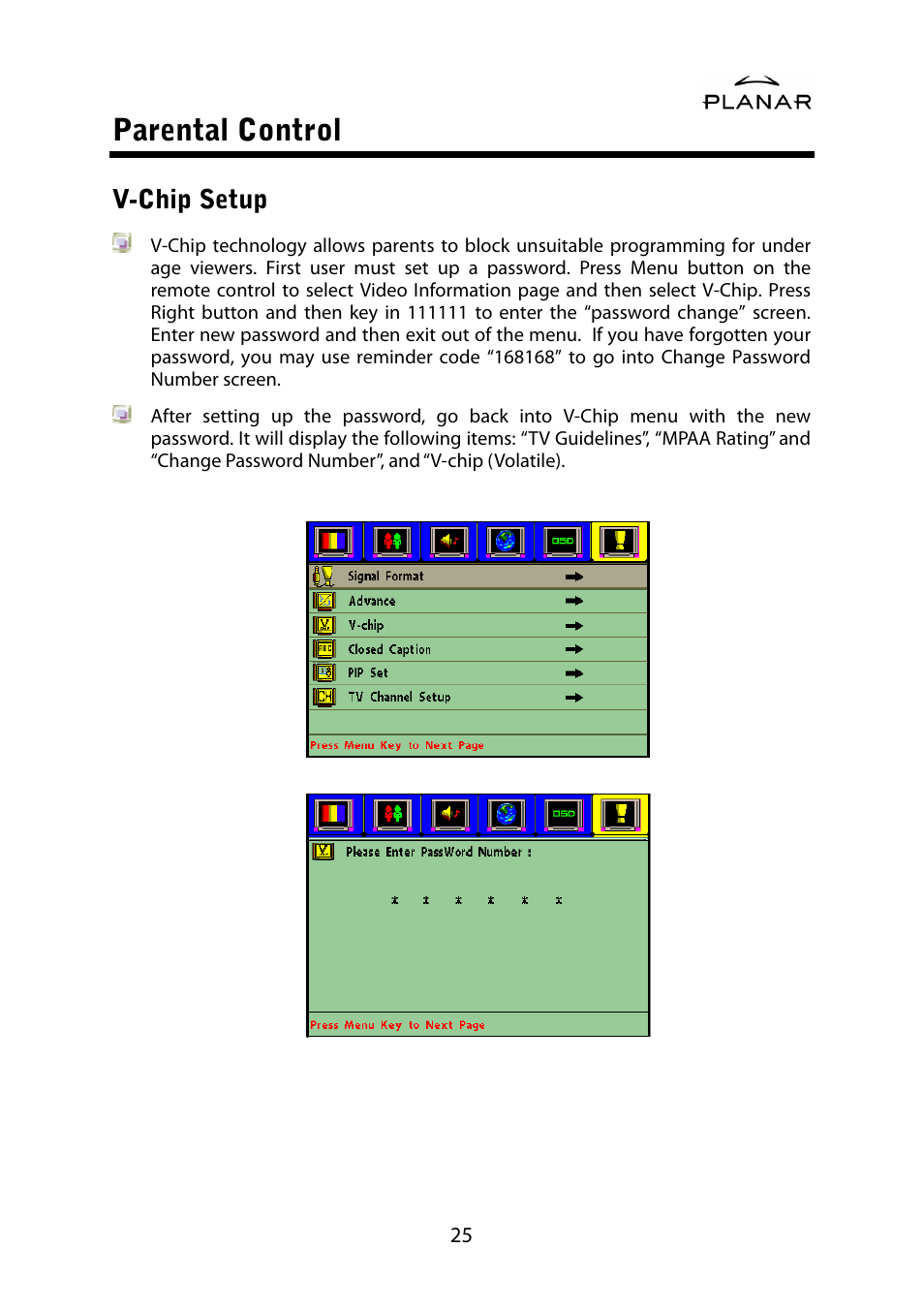 Parental control, V-chip setup | Planar PD42ED User Manual | Page 29 / 48