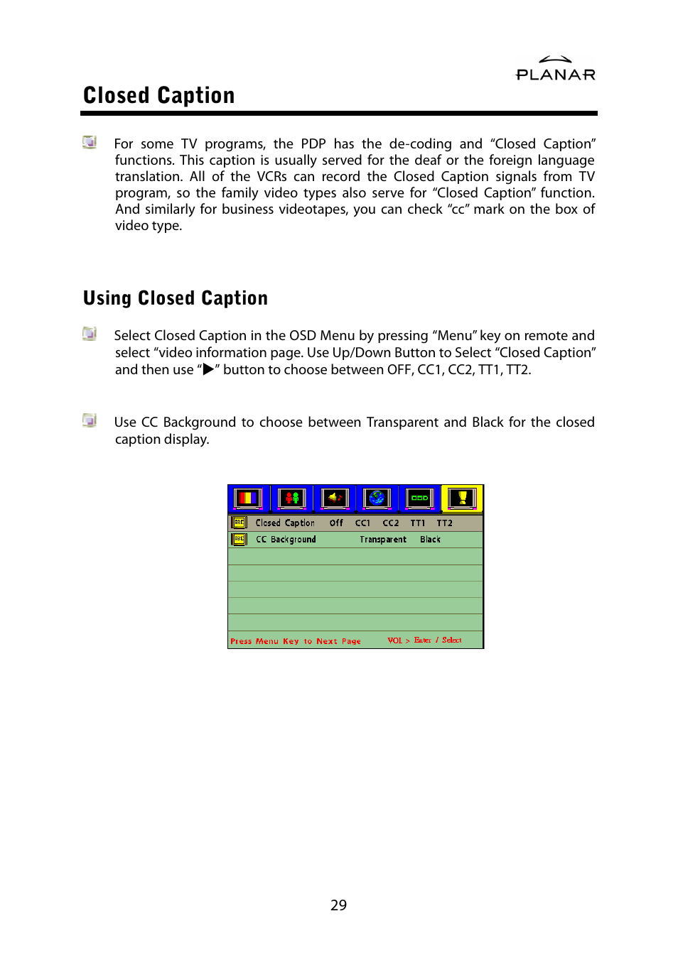 Closed caption, Using closed caption | Planar PD42ED User Manual | Page 33 / 48