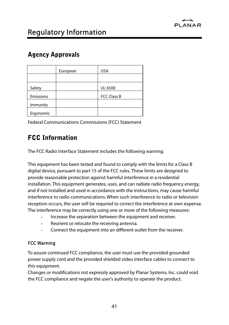 Regulatory information, Agency approvals, Fcc information | Planar PD42ED User Manual | Page 45 / 48