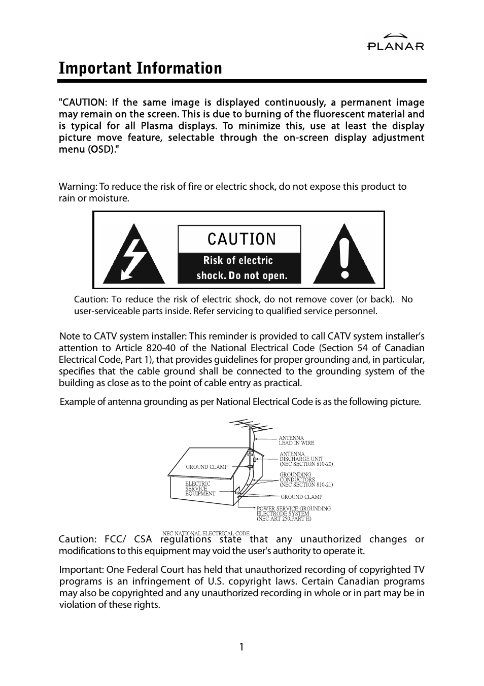 Important information, Caution | Planar PD42ED User Manual | Page 5 / 48