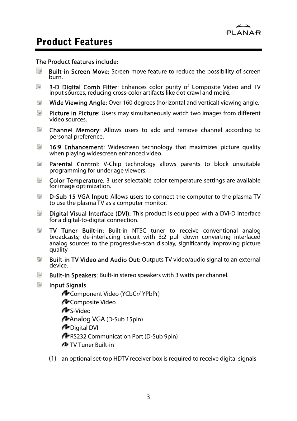Product features | Planar PD42ED User Manual | Page 7 / 48