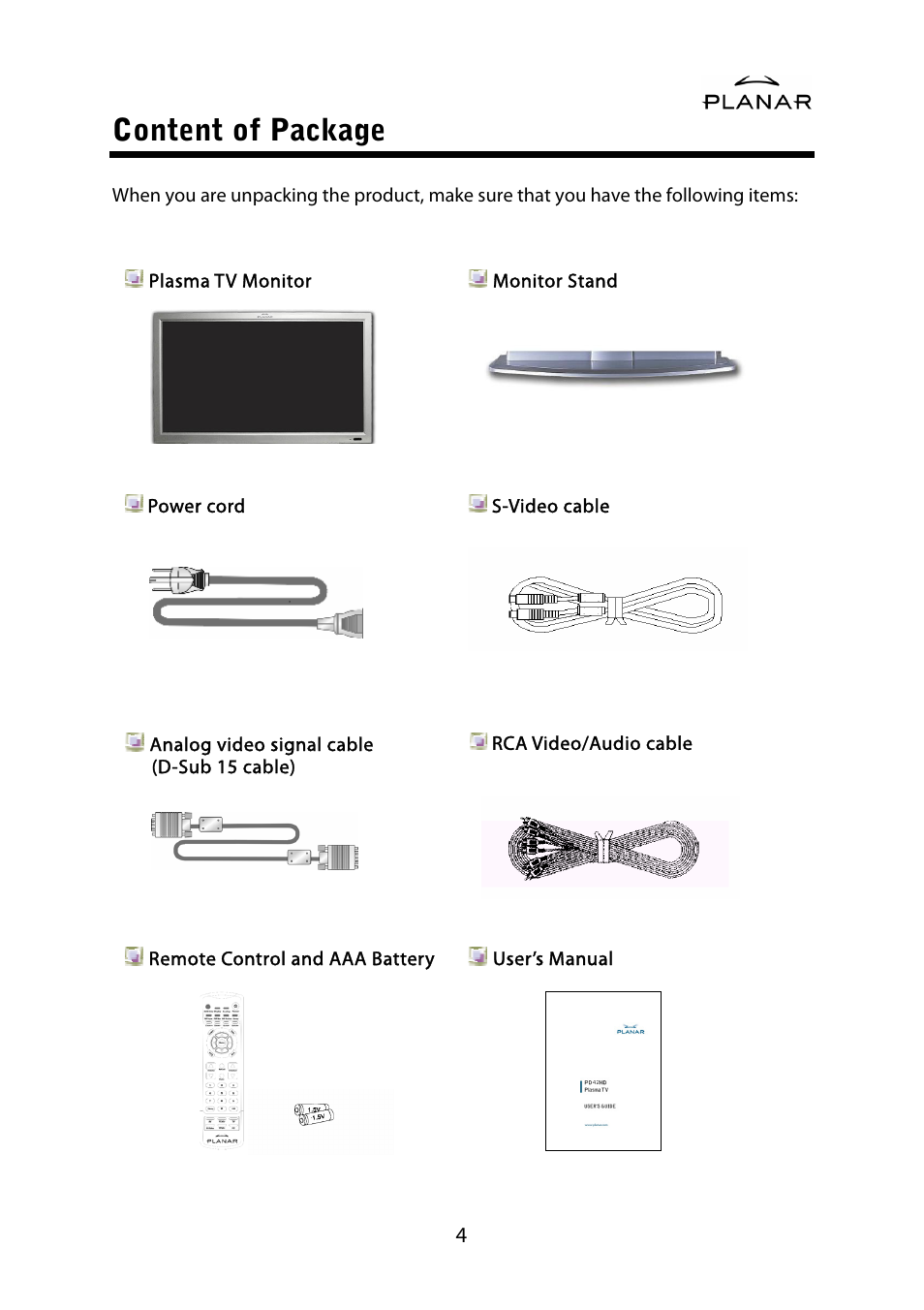 Content of package | Planar PD42ED User Manual | Page 8 / 48